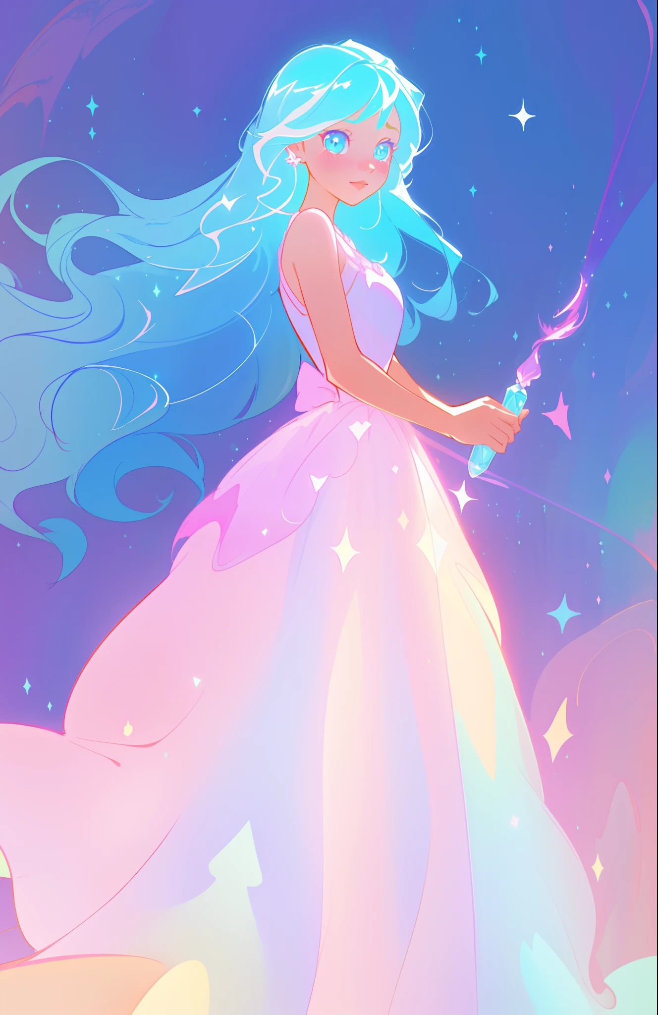 beautiful girl, puffy tiered ballgown, vibrant pastel colors, (colorful), glowing golden long hair, magical lights, sparkling magical liquid, inspired by Glen Keane, inspired by Lois van Baarle, disney art style, by Lois van Baarle, glowing aura around her, by Glen Keane, jen bartel, glowing lights! digital painting, flowing glowing hair, glowing flowing hair, beautiful digital illustration, fantasia background, whimsical, magical, fantasy, ((beautiful face)), ((masterpiece, best quality)), intricate details, highly detailed, sharp focus, 8k resolution, sparkling detailed eyes, liquid watercolor