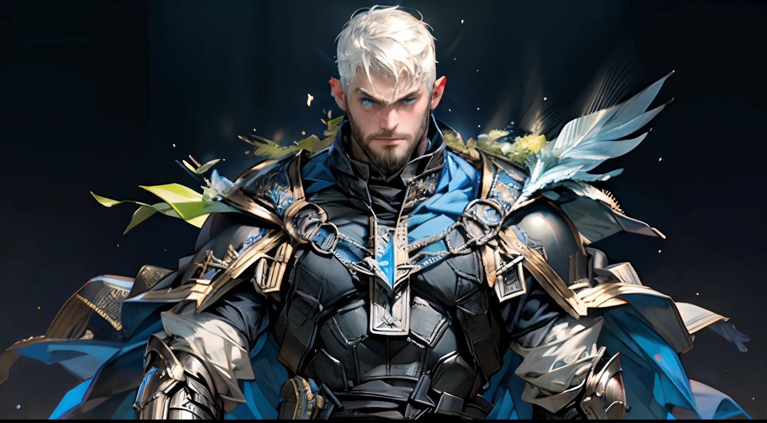 Highest quality, masterpiece, male, black super short hair, blue eyes, armor, cape, brightly colored, bright picture, paladin, muscular, short beard, mature, glowing particle special effects, church, national character face, tall, strong, rough face, falling feathers