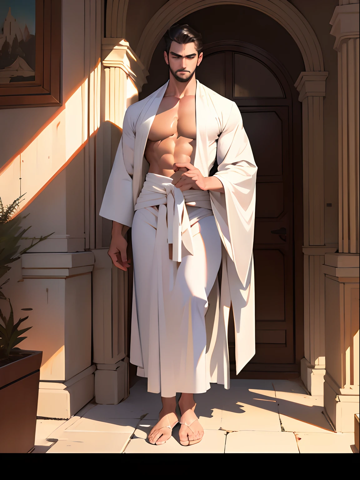 painting of a man in a robe standing in a doorway, clad in robes, in robes, dressed in a robe, strong and imposing, male art, fully clothed. painting of sexy, muscular male, tall and muscular, covered in robes, super buff and cool, shirtless :: high detail, tom finland, disrobed, large muscles, gigachad muscular