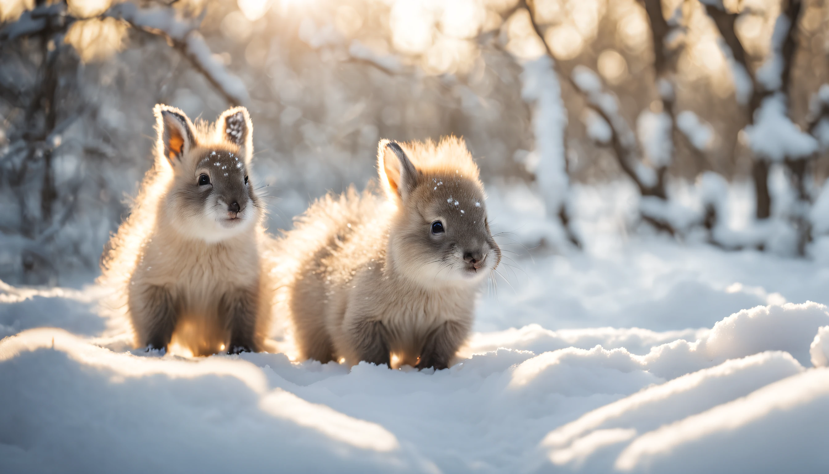 The cute and chubby baby animals playfully in the winter garden full of fallen snow,soft winter sunlight, winter sunlights, winter light, winter sunrise cold light