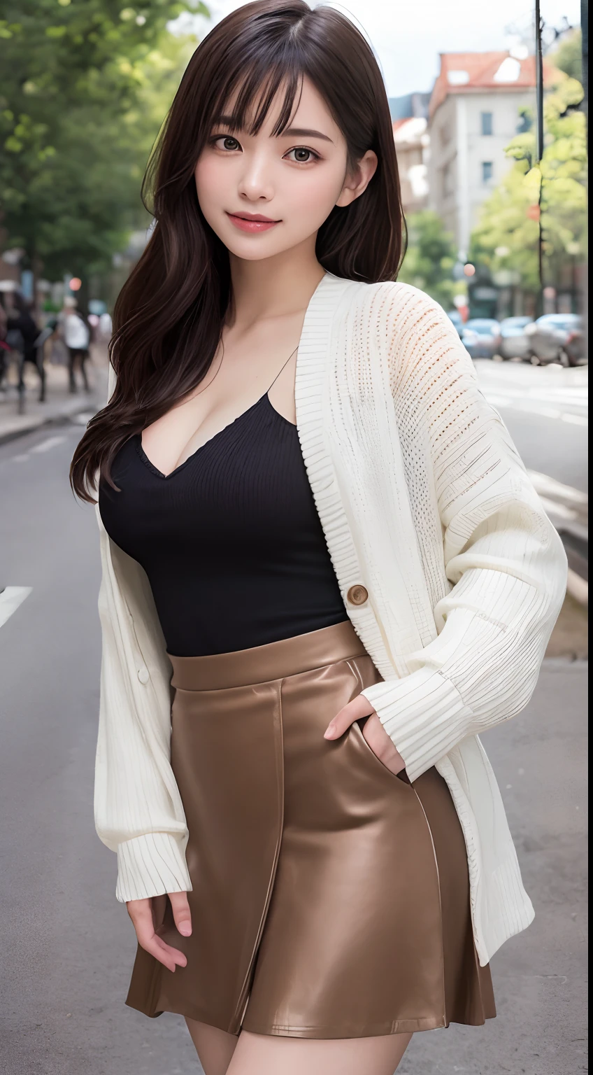 Smile、natta、Raw photography、(((Ultimate Beauty Portrait)))、((glistning skin))、女の子1人、15 year old beautiful girl in Prague、bright expression、((brown haired))、(cleavage of the breast)、(flered skirt:1.5)、((Big eyes that shine like jewels))、open cardigan、Open your clothes、panthyhose、Glossy glossy skin、(Medium Hair)、(Silky Ponytail Hair)、(is standing)、(Shooting from directly below)、Under the skirt、(Close-up of underwear from below)、eye liner、Beautiful bangs、Hair between the eyes、((masterpiece、top-quality、ultra-detailliert、Film Light、intricate-detail、hight resolution、ighly detailed))、细致背景、8KUHD、Digital SLR、Soft light、hightquality、Film grain、FujifilmXT3 、Shallow depth of field、natural soft light、Kamimei、Lush bust