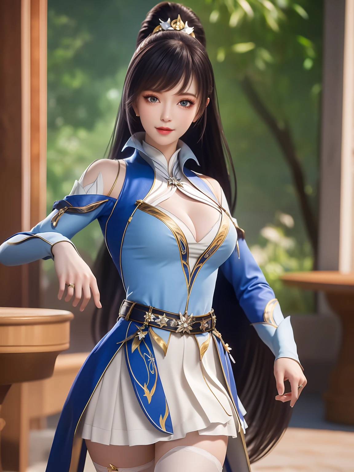 1girl, long hair, dress,hair ornament, looking at viewer, mature female, good morning, thighhighs, clothing cutout, bangs, high collar,white skirt,ponytail, cowboy shot, long sleeves, belt,blue eyes,makeup, blush,Beautiful woman, large breasts detailed body, with sexy look,