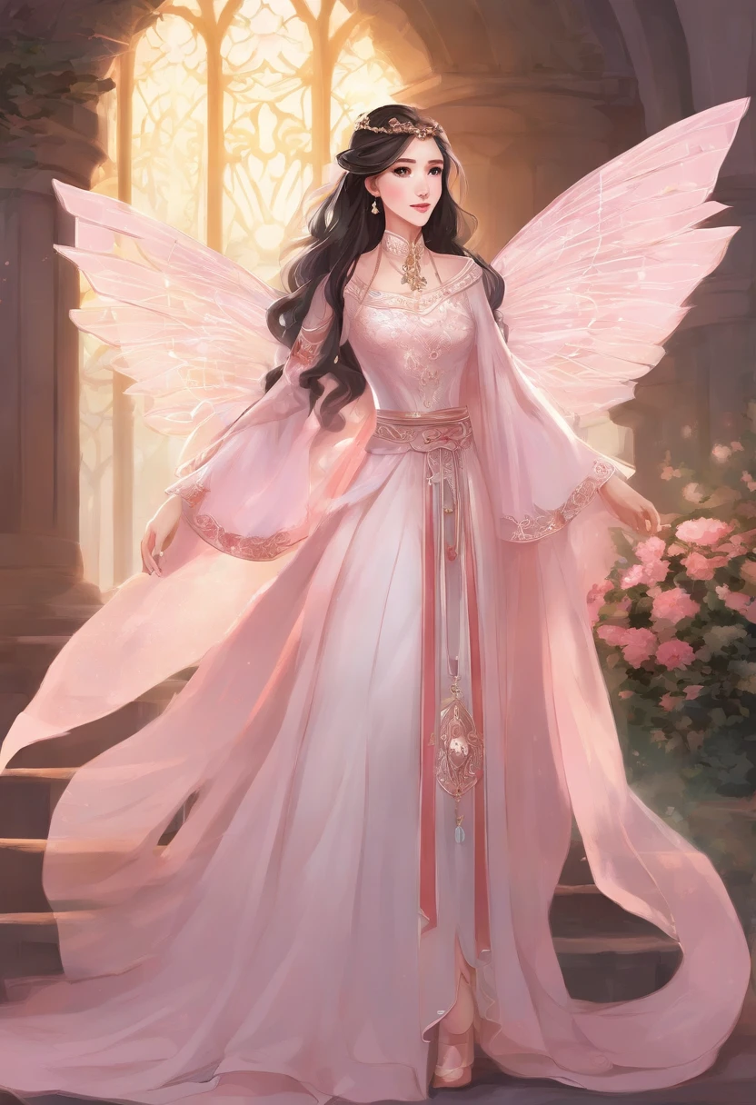 A 17-year-old girl, Super long, Flowing black hair. • Soft facial features,There was a hint of mystery and confusion in his eyes。。. Wearing a (Light pink:1.3) and light white dresses, Blend subtle gold or silver details. The dress combines elements of a pleated skirt and a flat skirt: The central part of the dress is flat, Although there are slight folds on the sides. She has ((Light pink:1.3) Mary Jane shoes) collocation (White lace-trimmed socks)). Slightly tightened puff sleeves,This reflects her calm and reserved nature. A simple belt is tied around the waist, Holding a few small magic weapons in his hand. (semi transparent, tulle shawl:1.3) Simple star-shaped earrings. Her medieval dress was embroidered with magic symbols or runes. • Despite her magic, Her overall appearance exudes a sense of understated elegance and gentleness.
