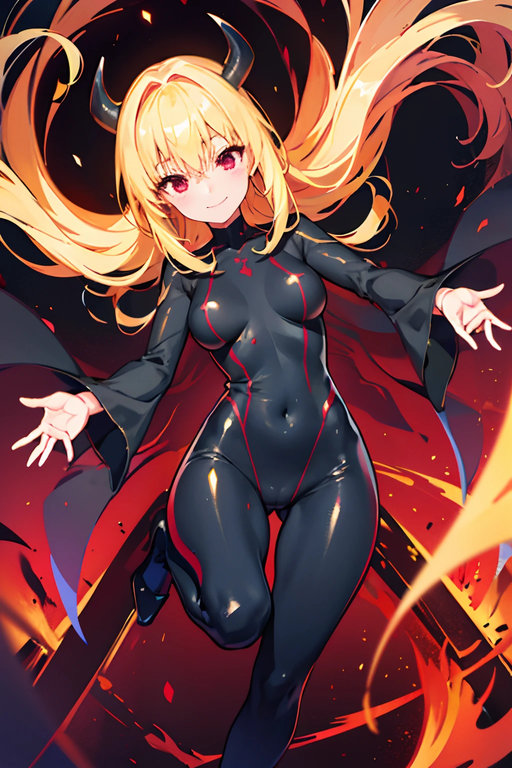 Carefully draw the face 5 girl High-quality faces in anime style a blond Shiny black full body suit Red lines all over the body seductiv a smile succubus sprawl