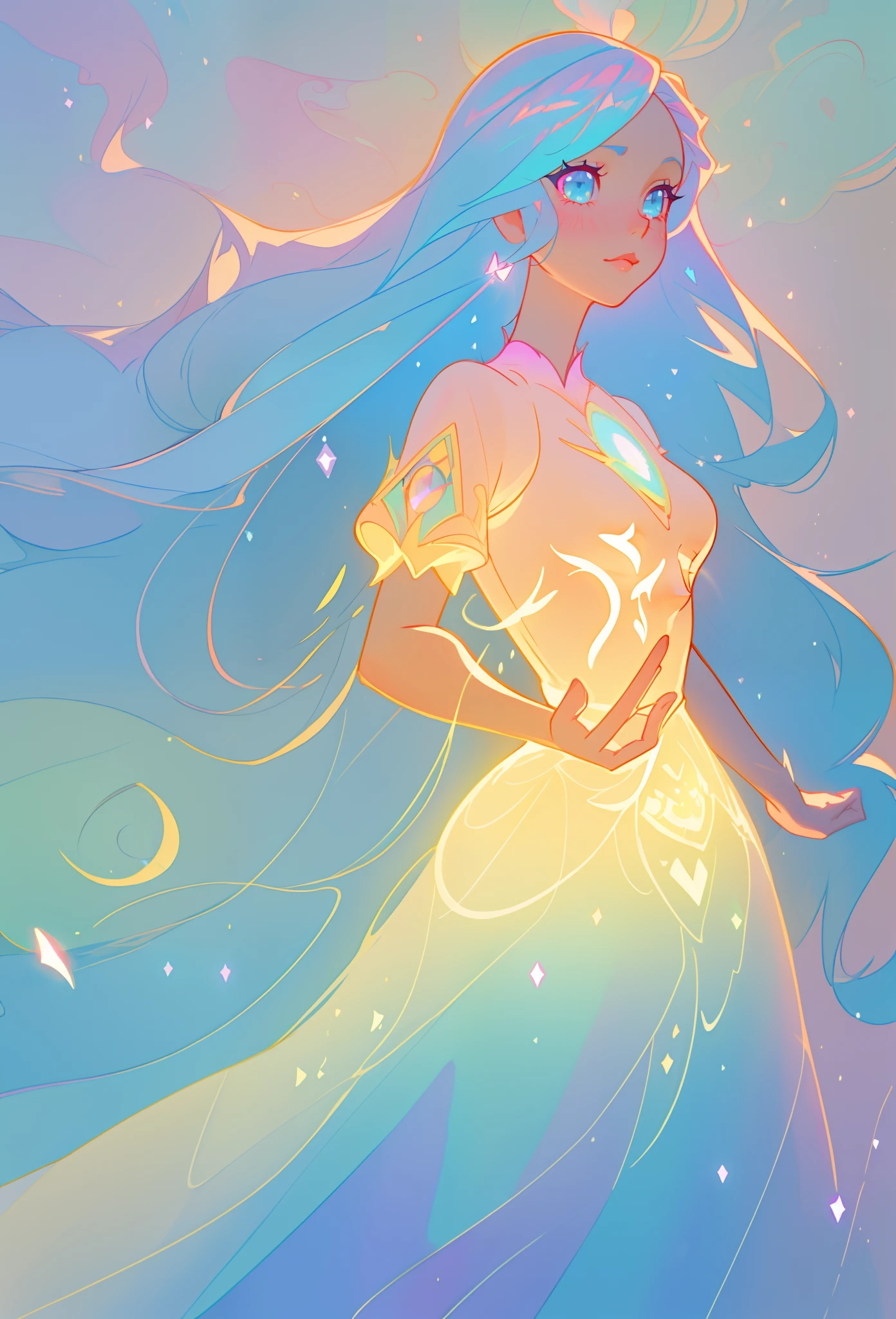 beautiful girl, puffy tiered ballgown, vibrant pastel colors, (colorful), glowing golden long hair, magical lights, sparkling magical liquid, inspired by Glen Keane, inspired by Lois van Baarle, disney art style, by Lois van Baarle, glowing aura around her, by Glen Keane, jen bartel, glowing lights! digital painting, flowing glowing hair, glowing flowing hair, beautiful digital illustration, fantasia background, whimsical, magical, fantasy, ((beautiful face)), ((masterpiece, best quality)), intricate details, highly detailed, sharp focus, 8k resolution, sparkling detailed eyes, liquid watercolor