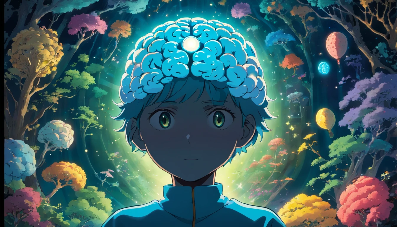 Silhouette or image of a brain with a bright dot in the center representing cognition or perception., complementado con elementos que simbolizan el conocimiento y el aprendizaje, como libros o una bombilla