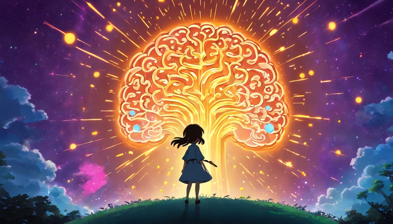 Silhouette or image of a brain with a bright dot in the center representing cognition or perception., complementado con elementos que simbolizan el conocimiento y el aprendizaje, como libros o una bombilla