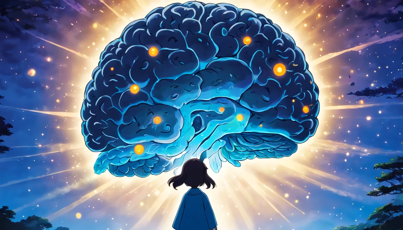 Silhouette or image of a brain with a bright dot in the center representing cognition or perception., complementado con elementos que simbolizan el conocimiento y el aprendizaje, como libros o una bombilla