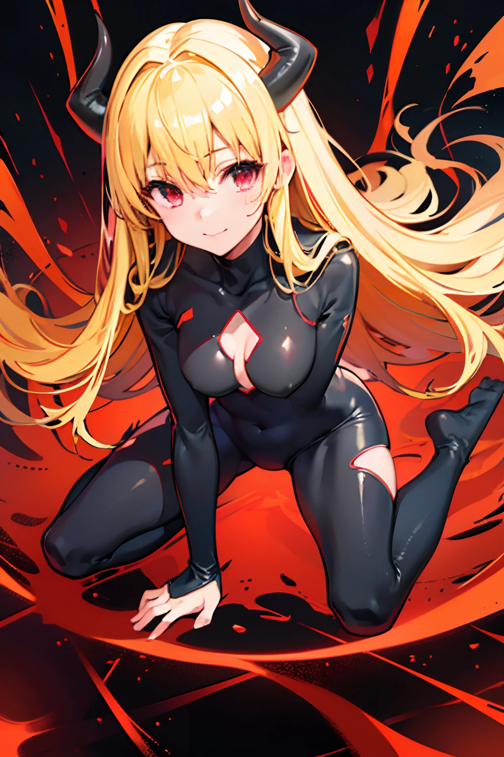 Carefully draw the face 5 year old girl High-quality faces in anime style a blond Shiny black full body suit Red lines all over the body seductiv a smile succubus sprawl