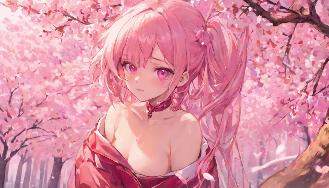 tmasterpiece， Best quality at best， 1girll， Sakura Haruno， Large breasts，Off-the-shoulder attire，thicc body,（cleavage)，（upperbody closeup)，Raised sexy，is shy，ssmile，with pink hair， long whitr hair， （Green eyeballs:1.4)， Forehead protection， the cherry trees，Cherry blossoms flying，Red clothes，Zipper half