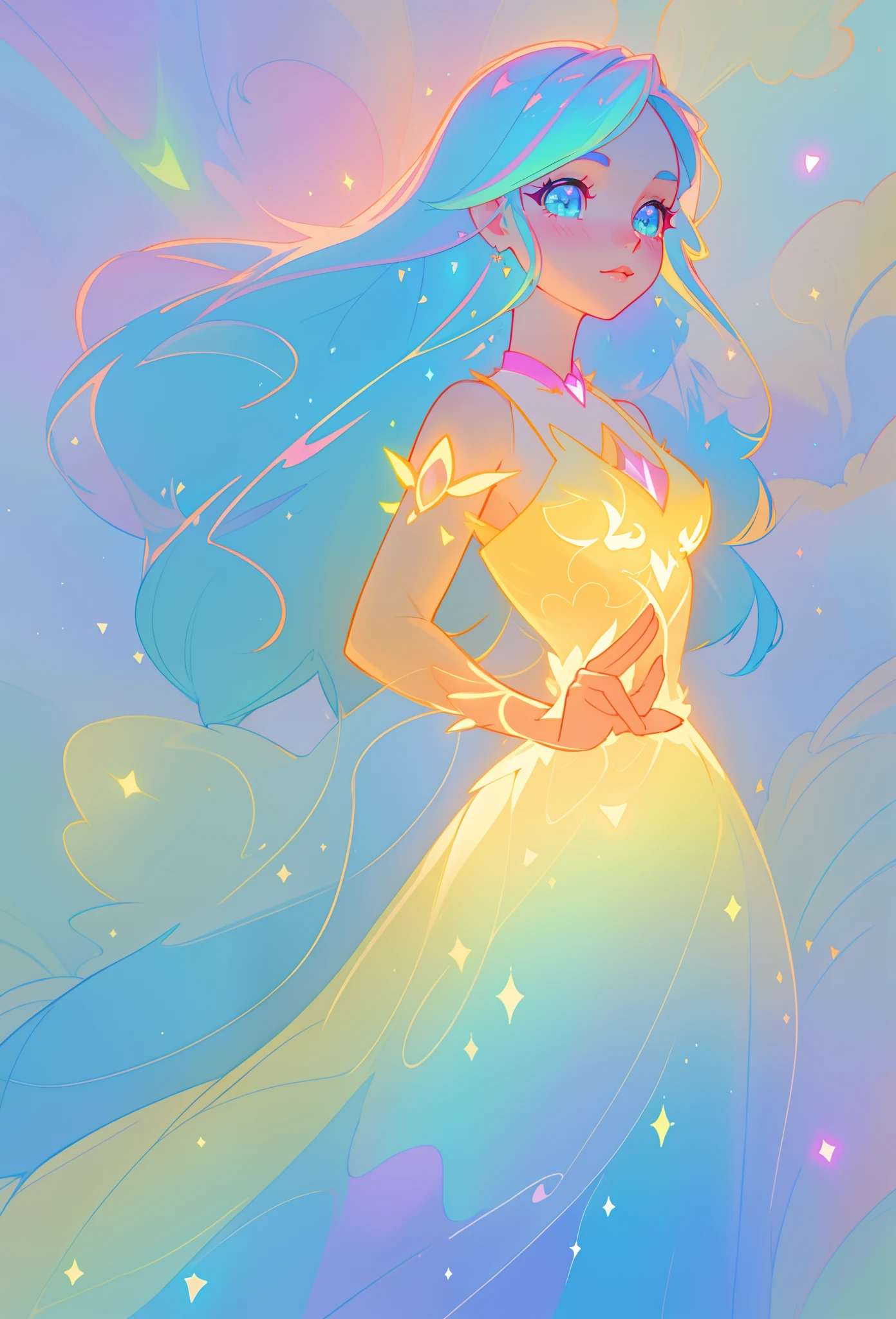 beautiful girl, puffy tiered ballgown, vibrant pastel colors, (colorful), glowing golden long hair, magical lights, sparkling magical liquid, inspired by Glen Keane, inspired by Lois van Baarle, disney art style, by Lois van Baarle, glowing aura around her, by Glen Keane, jen bartel, glowing lights! digital painting, flowing glowing hair, glowing flowing hair, beautiful digital illustration, fantasia background, whimsical, magical, fantasy, ((beautiful face)), ((masterpiece, best quality)), intricate details, highly detailed, sharp focus, 8k resolution, sparkling detailed eyes, liquid watercolor