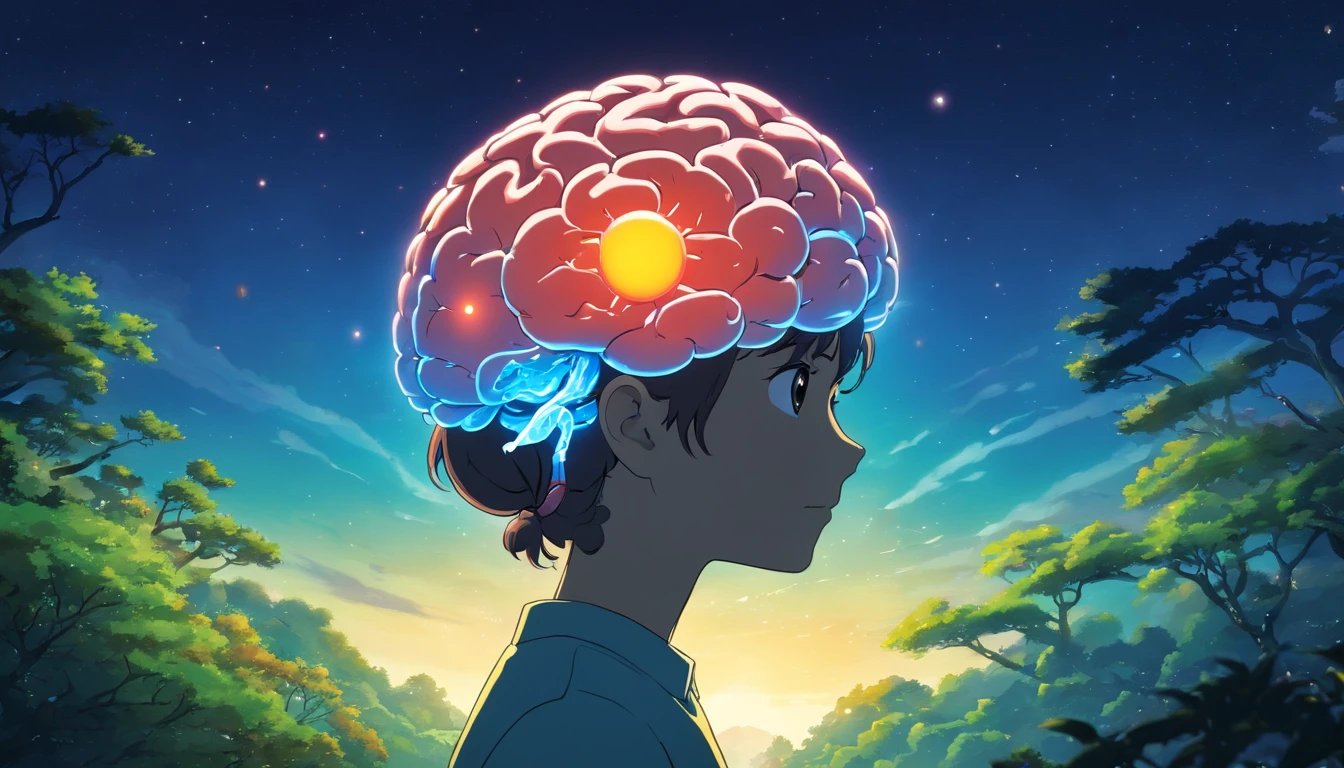 Silhouette or image of a brain with a bright dot in the center representing cognition or perception., complementado con elementos que simbolizan el conocimiento y el aprendizaje, como libros o una bombilla