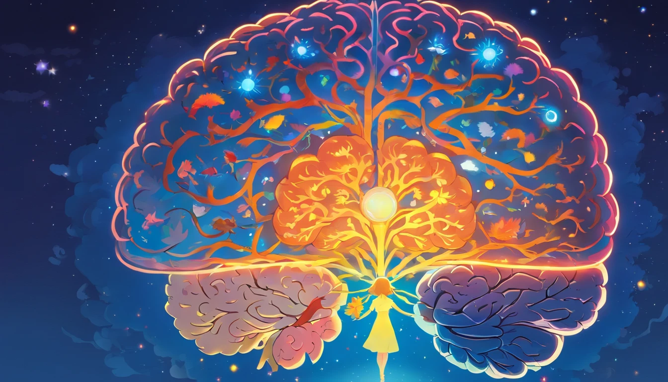 Silhouette or image of a brain with a bright dot in the center representing cognition or perception., complementado con elementos que simbolizan el conocimiento y el aprendizaje, como libros o una bombilla