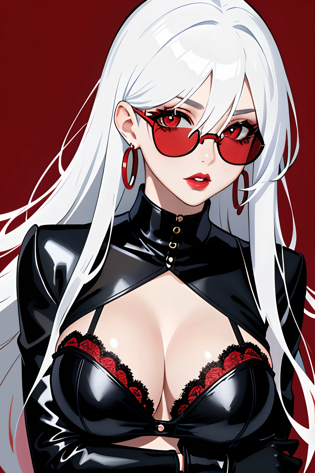 1girl in, adjusting clothes, bad-girl, Black Gloves, cleavage, earrings, Glasses, gloves, Jewelry, Lace, Lace trim, Large breasts, Lips, Long hair, Looking at Viewer, makeup, Parted lips, Red background, Red Eyes, Red lips, Round eyewear, Solo, Sunglasses, tinted eyewear, Upper body, White hair