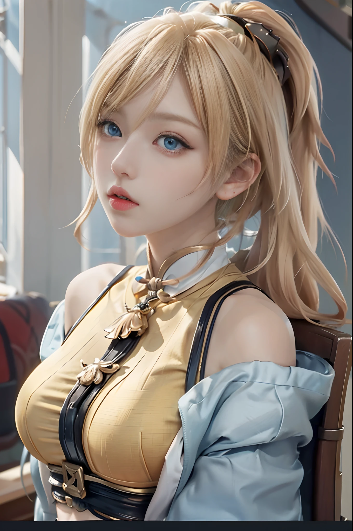 (Masterpiece, Best Quality, Big Breasts, Realism, Real, Photo: 1.4), Ji Xiaoman, Blonde, (Ulzzang-6500-V1.1:0.7), Very cute face, blue eyes, upper body, Big breasts, Real, photo