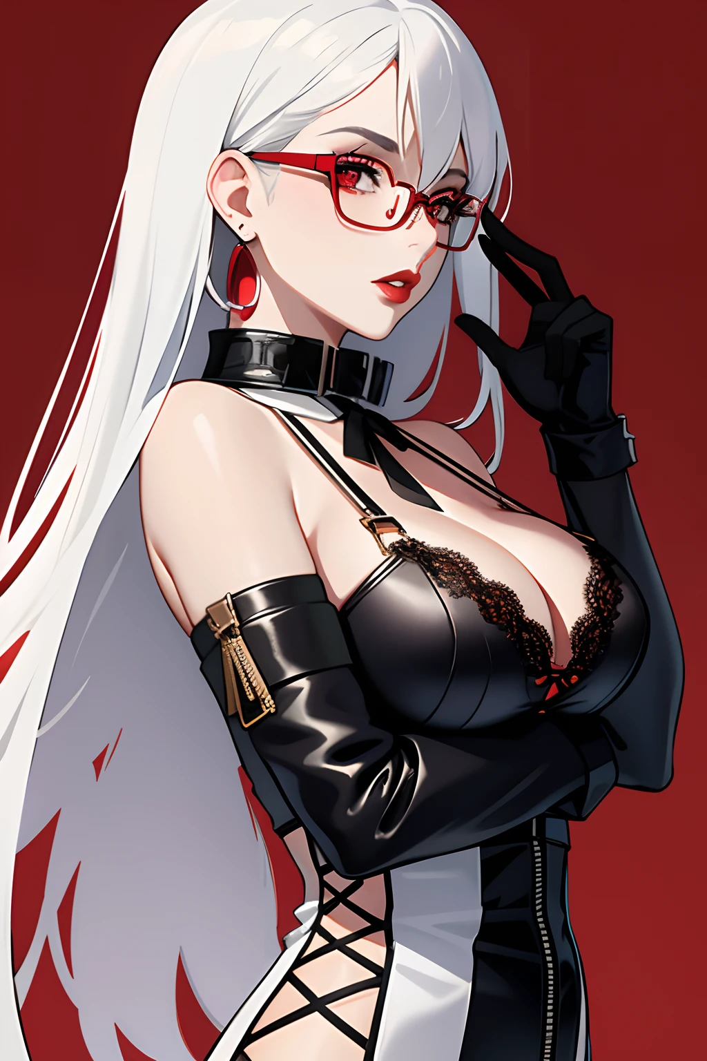 1girl in, adjusting clothes, bad-girl, Black Gloves, cleavage, earrings, Glasses, gloves, Jewelry, Lace, Lace trim, Large breasts, Lips, Long hair, Looking at Viewer, makeup, Parted lips, Red background, Red Eyes, Red lips, Round eyewear, Solo, Sunglasses, tinted eyewear, Upper body, White hair