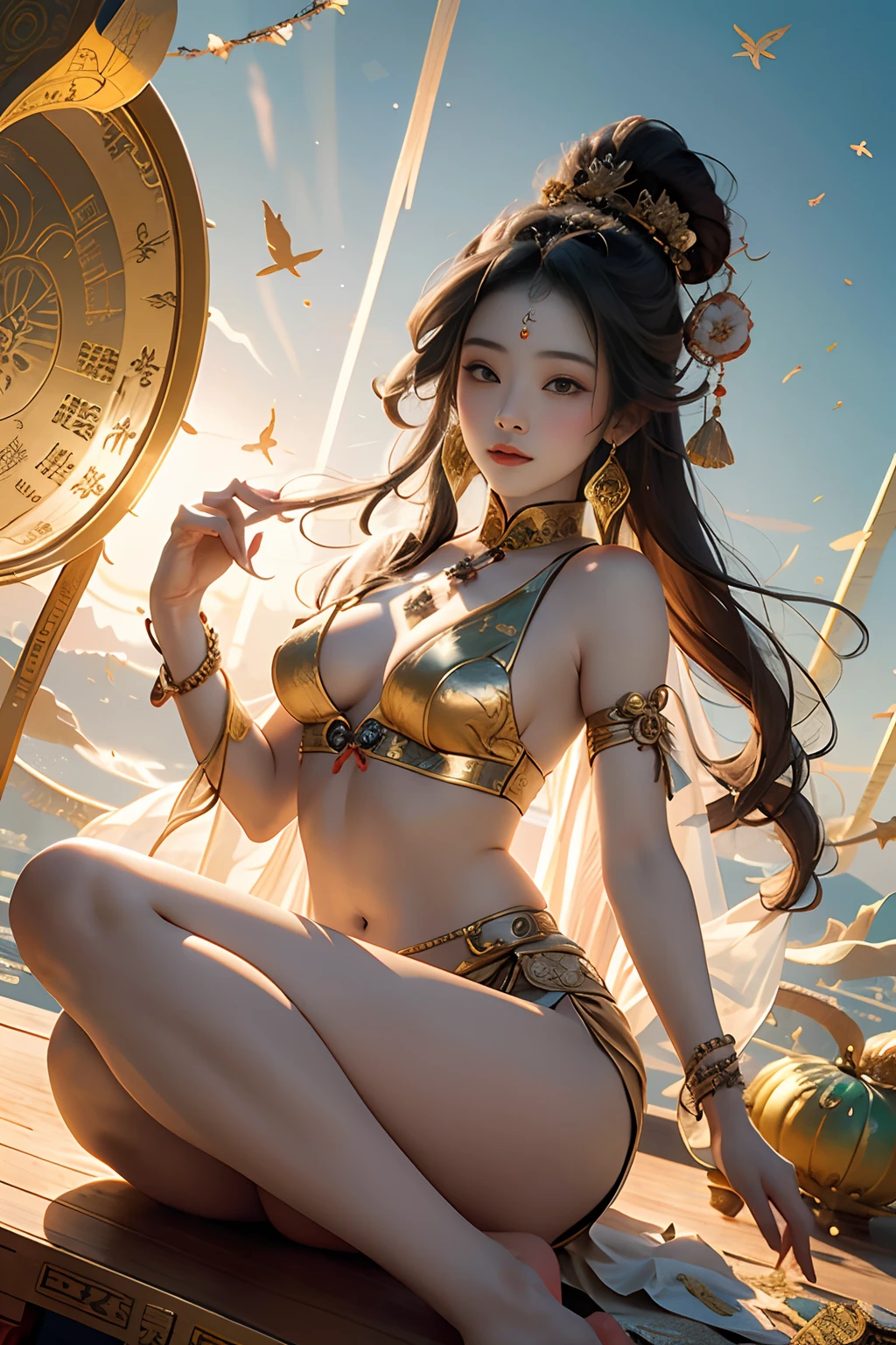 ancient chinese goddess, guanyin of the southern seas, guanyin, Inspired by India, Avalokiteşvara rides in Phoenix，,serene expressions,shui mo hua,Buddha,budista,lotuses,chinese painting style,Thangka style