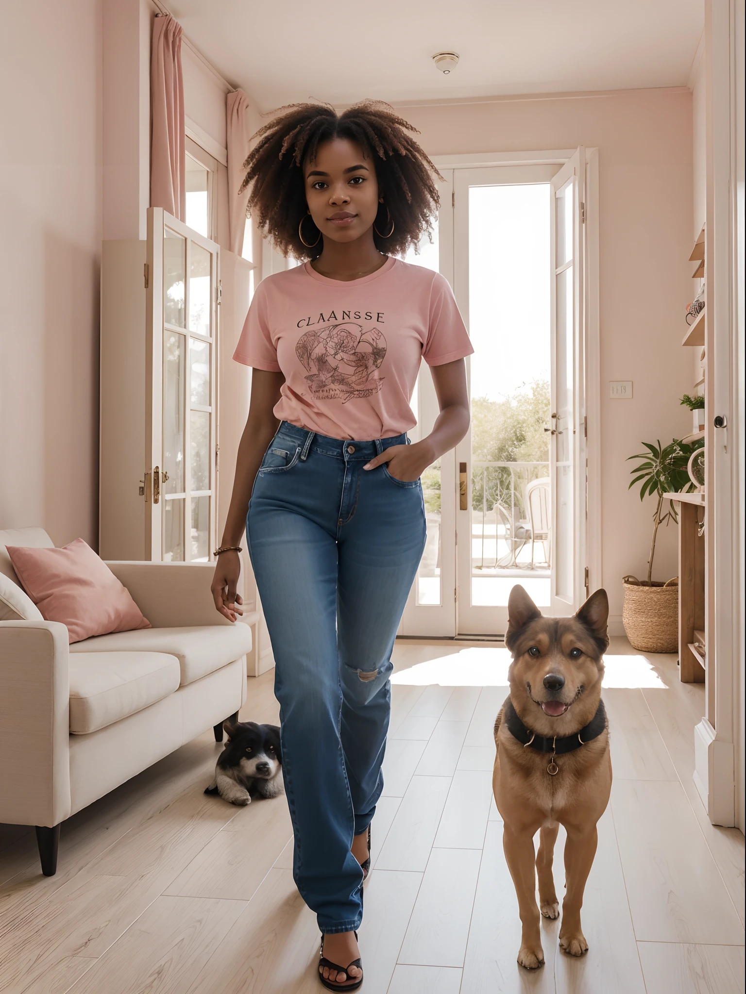 corps entier , beau visage, Cheveux longs et lisse,Warm light and clear complexion, afro-american, Detailed, ultra quality, poitrine claire, mignonne jeans et t-shirt rose XXL debout avec un chien, Devant sa maison