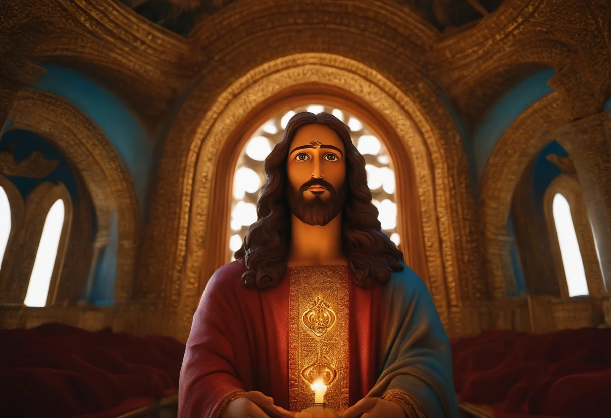 Desenhar Jesus Cristo, um menino, de pele morena e olhos castanhos. Dentro do templo. Facing the camera .4k, altamente detalhado.