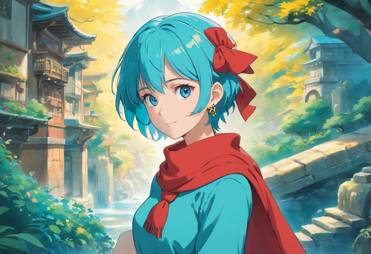 bulmadbzreddress, aqua hair, short hair, blue eyes, earrings, red dress, yellow scarf ]