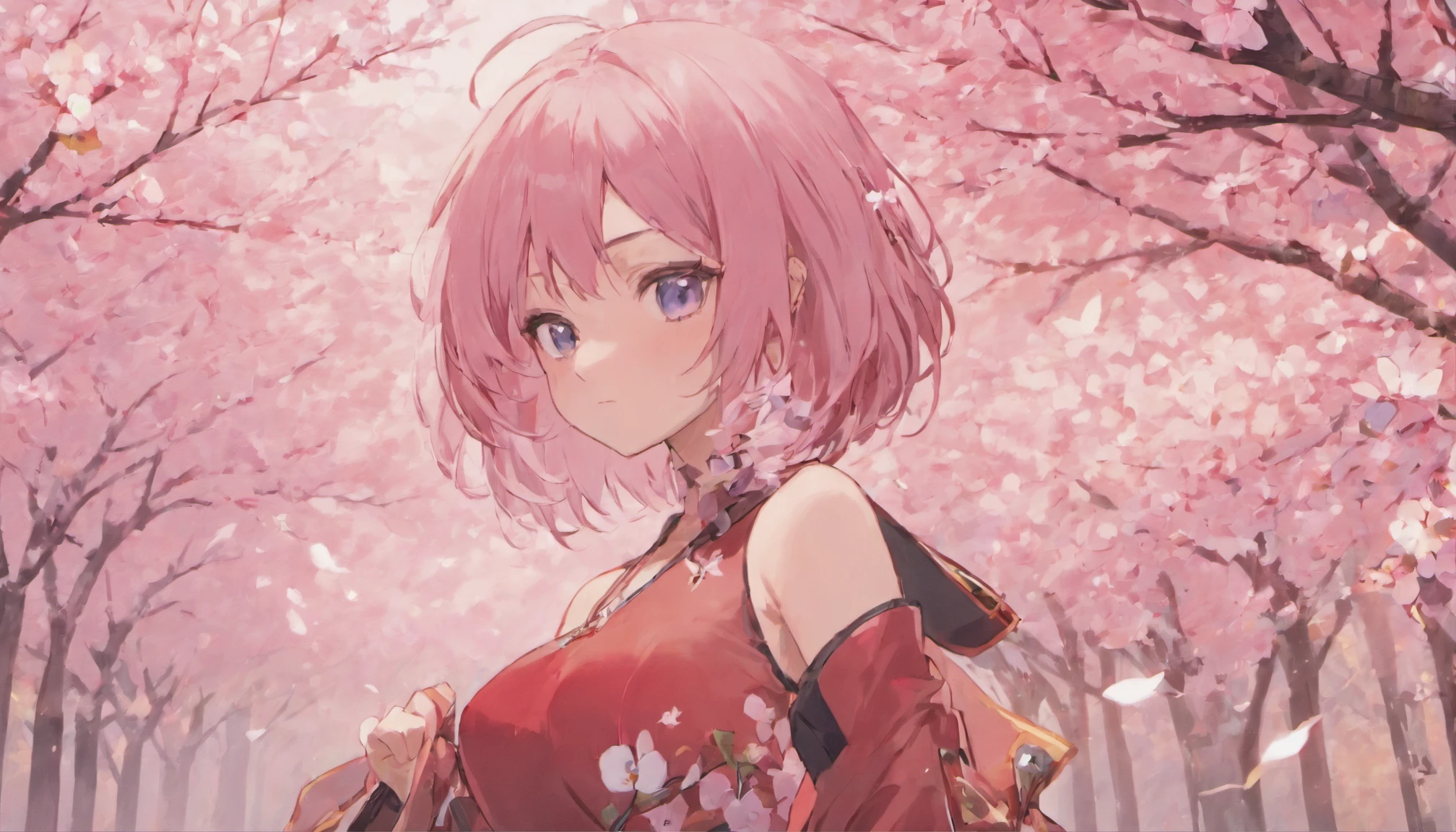 tmasterpiece, Best quality at best, 1girll, Sakura Haruno, Large breasts,Off-the-shoulder attire,thicc body,(cleavage),(upperbody closeup),Raised sexy,is shy,ssmile,with pink hair, long whitr hair, (Green eyeballs:1.4), Forehead protection, the cherry trees,Cherry blossoms flying,Red clothes,Zipper half