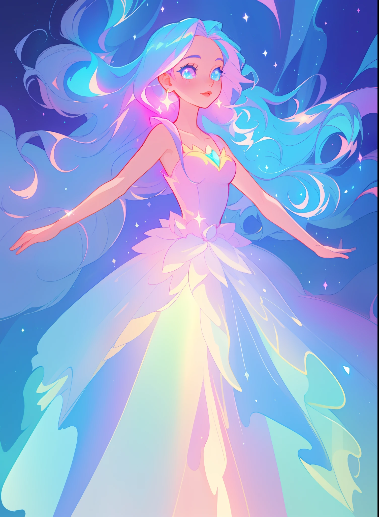 beautiful girl, puffy tiered ballgown, vibrant pastel colors, (colorful), glowing golden long hair, magical lights, sparkling magical liquid, inspired by Glen Keane, inspired by Lois van Baarle, disney art style, by Lois van Baarle, glowing aura around her, by Glen Keane, jen bartel, glowing lights! digital painting, flowing glowing hair, glowing flowing hair, beautiful digital illustration, fantasia background, whimsical, magical, fantasy, ((beautiful face)), ((masterpiece, best quality)), intricate details, highly detailed, sharp focus, 8k resolution, sparkling detailed eyes, liquid watercolor
