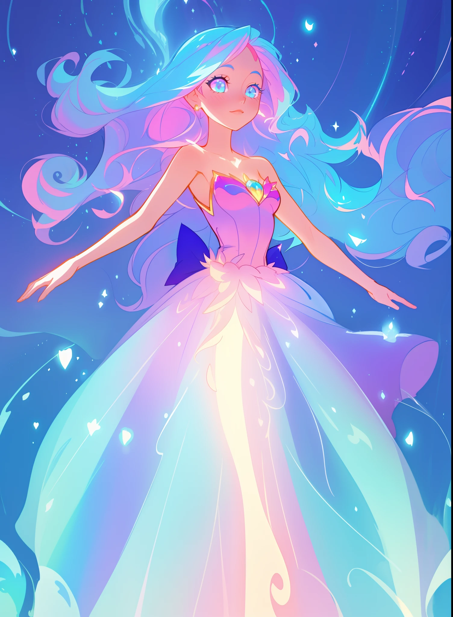 beautiful girl, puffy tiered ballgown, vibrant pastel colors, (colorful), glowing golden long hair, magical lights, sparkling magical liquid, inspired by Glen Keane, inspired by Lois van Baarle, disney art style, by Lois van Baarle, glowing aura around her, by Glen Keane, jen bartel, glowing lights! digital painting, flowing glowing hair, glowing flowing hair, beautiful digital illustration, fantasia background, whimsical, magical, fantasy, ((beautiful face)), ((masterpiece, best quality)), intricate details, highly detailed, sharp focus, 8k resolution, sparkling detailed eyes, liquid watercolor
