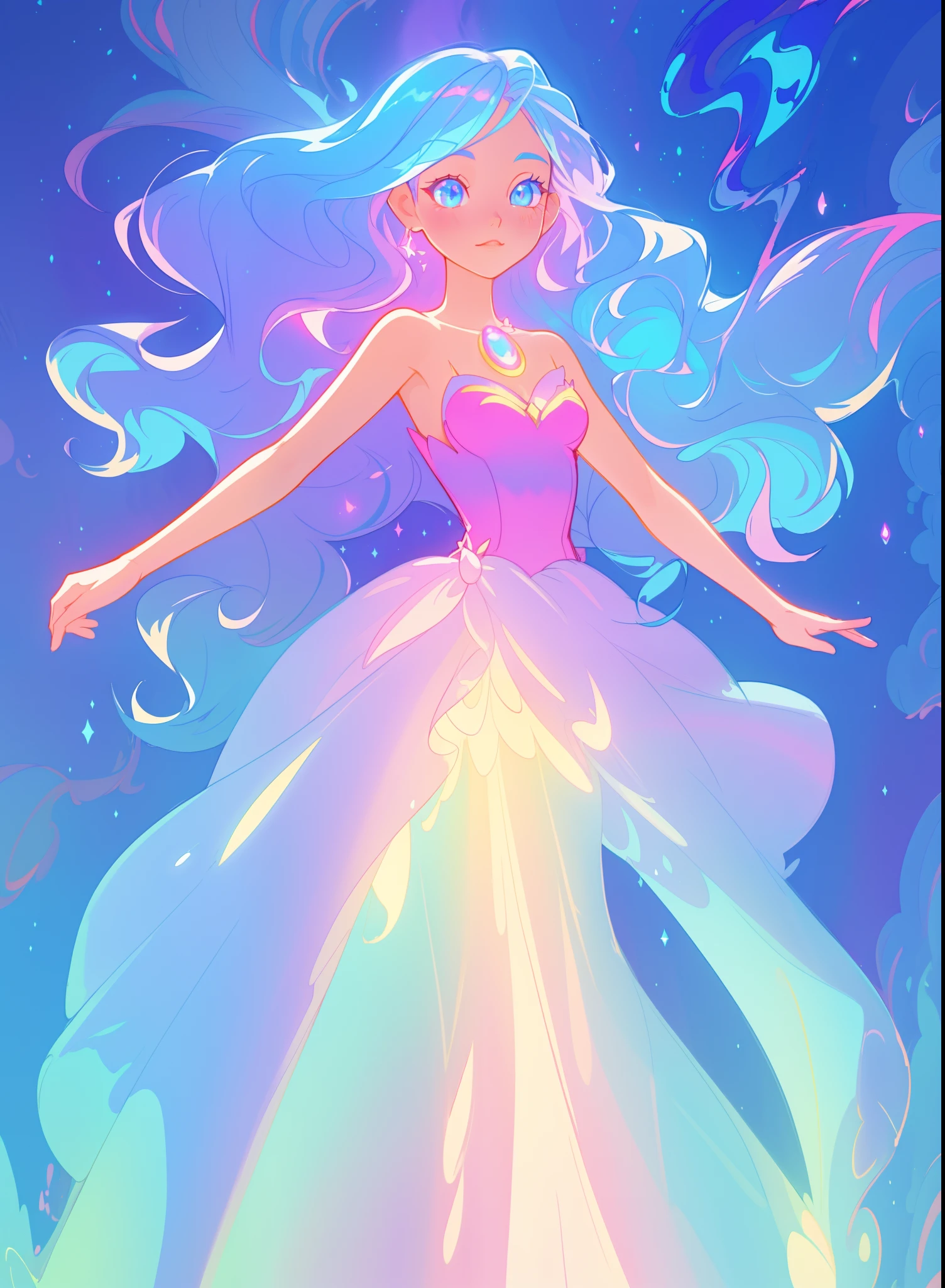 beautiful girl, puffy tiered ballgown, vibrant pastel colors, (colorful), glowing golden long hair, magical lights, sparkling magical liquid, inspired by Glen Keane, inspired by Lois van Baarle, disney art style, by Lois van Baarle, glowing aura around her, by Glen Keane, jen bartel, glowing lights! digital painting, flowing glowing hair, glowing flowing hair, beautiful digital illustration, fantasia background, whimsical, magical, fantasy, ((beautiful face)), ((masterpiece, best quality)), intricate details, highly detailed, sharp focus, 8k resolution, sparkling detailed eyes, liquid watercolor