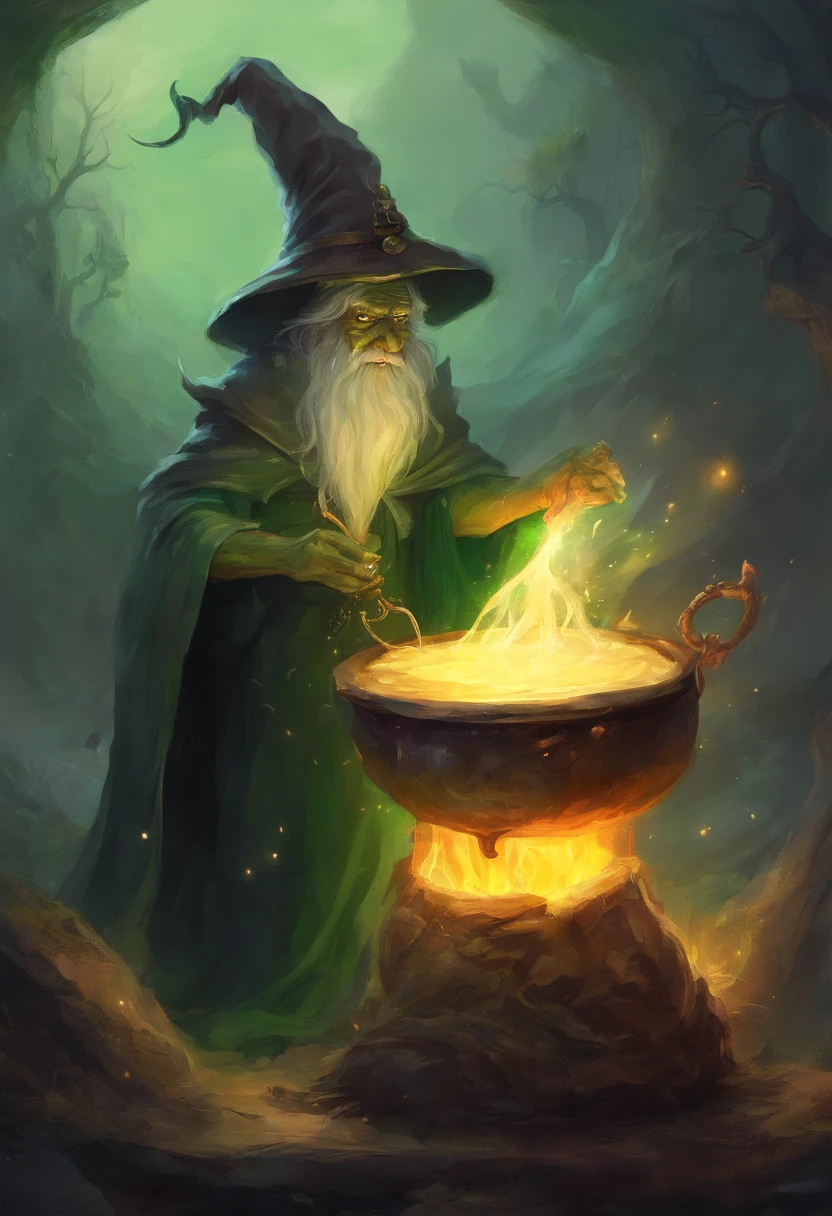 Ugly 60 year old witch with wart with big wart Big wart Dirty big nail Fingers elongated behind a big cauldron stirring cauldron with green liquid Fat Disheveled Witch Ugly Witch Hat