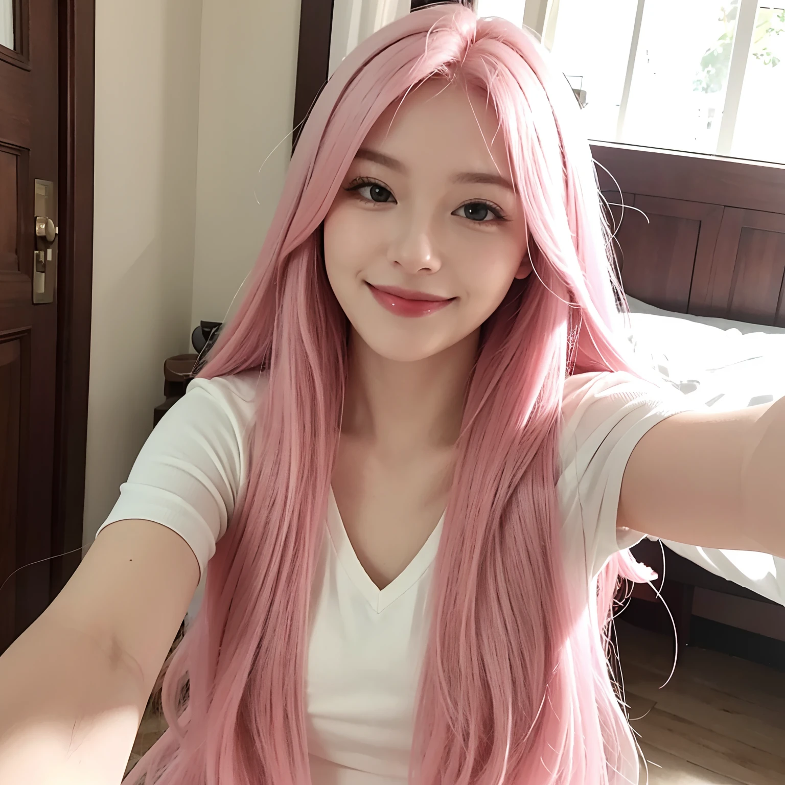 Selfie of White girl with long pink hair smiling with her mouth closed
