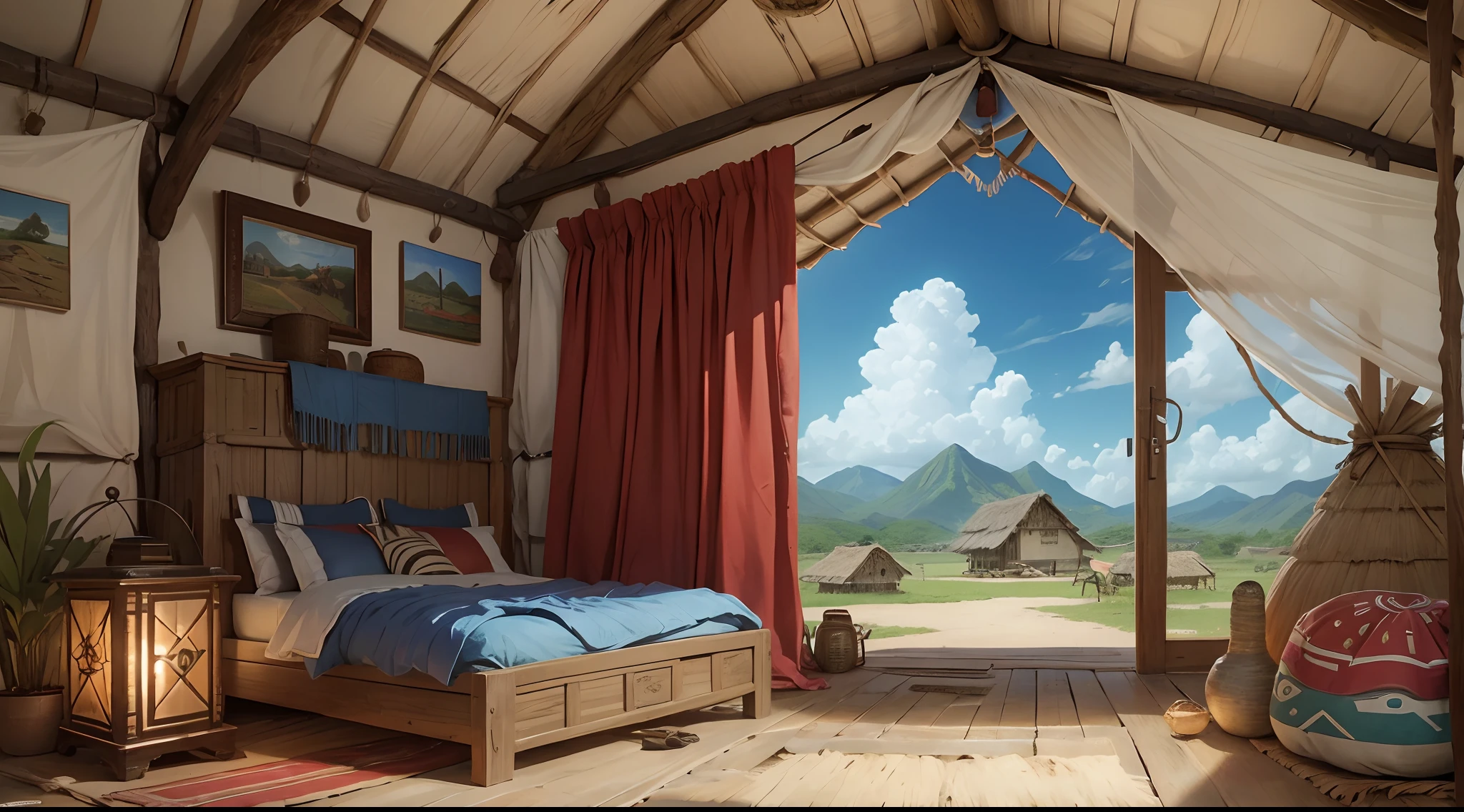 America, New world, daytime, native amerindian Chieftain's house, either Arawak or Taino or Caribbean or Central American style, caribbean trunk, stones, open space, background is grassland and mountain of ANTILLES ISLANDS, 15th century, ancient, barbarian, primitive culture, grass roof, grass wall, no man no girl ,no woman, no boy, no people, no human ,wallpaper