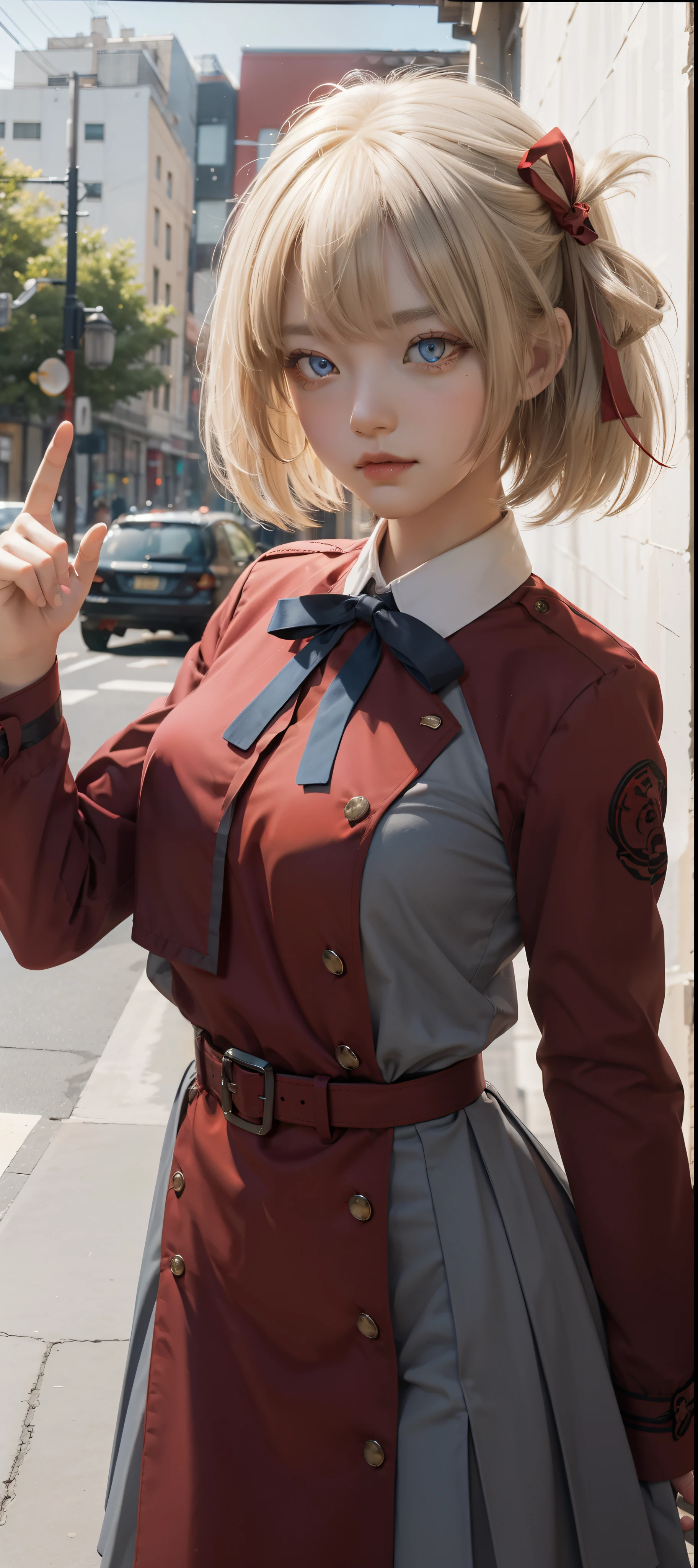 chisatonishikigi, nishikigi chisato, short hair, bangs, blonde hair, (red eyes:1.5), hair ribbon, one side up, bob cut,
BREAK shirt, long sleeves, dress, ribbon, white shirt, collared shirt, belt, neck ribbon, red dress, blue ribbon, pleated dress, grey dress, two-tone dress, red belt, lycoris uniform,,
BREAK outdoors, city,
BREAK looking at viewer, BREAK (masterpiece:1.2), best quality, high resolution, unity 8k wallpaper, (illustration:0.8), (beautiful detailed eyes:1.6), extremely detailed face, perfect lighting, extremely detailed CG, (perfect hands, perfect anatomy),