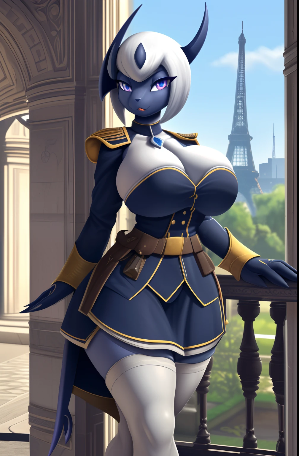 1girl (Made by R-MK), Absol woman, ((solo)), ((big and firm breasts, antrum, extremely detailed, extremely detailed legs, extremely detailed arms, extremely detailed face, perfectly detailed eyes, perfectly detailed anatomy)), looking at viewer, (Paris), (Wearing French colonial soldier uniform), (Napoleon French Bicornio)