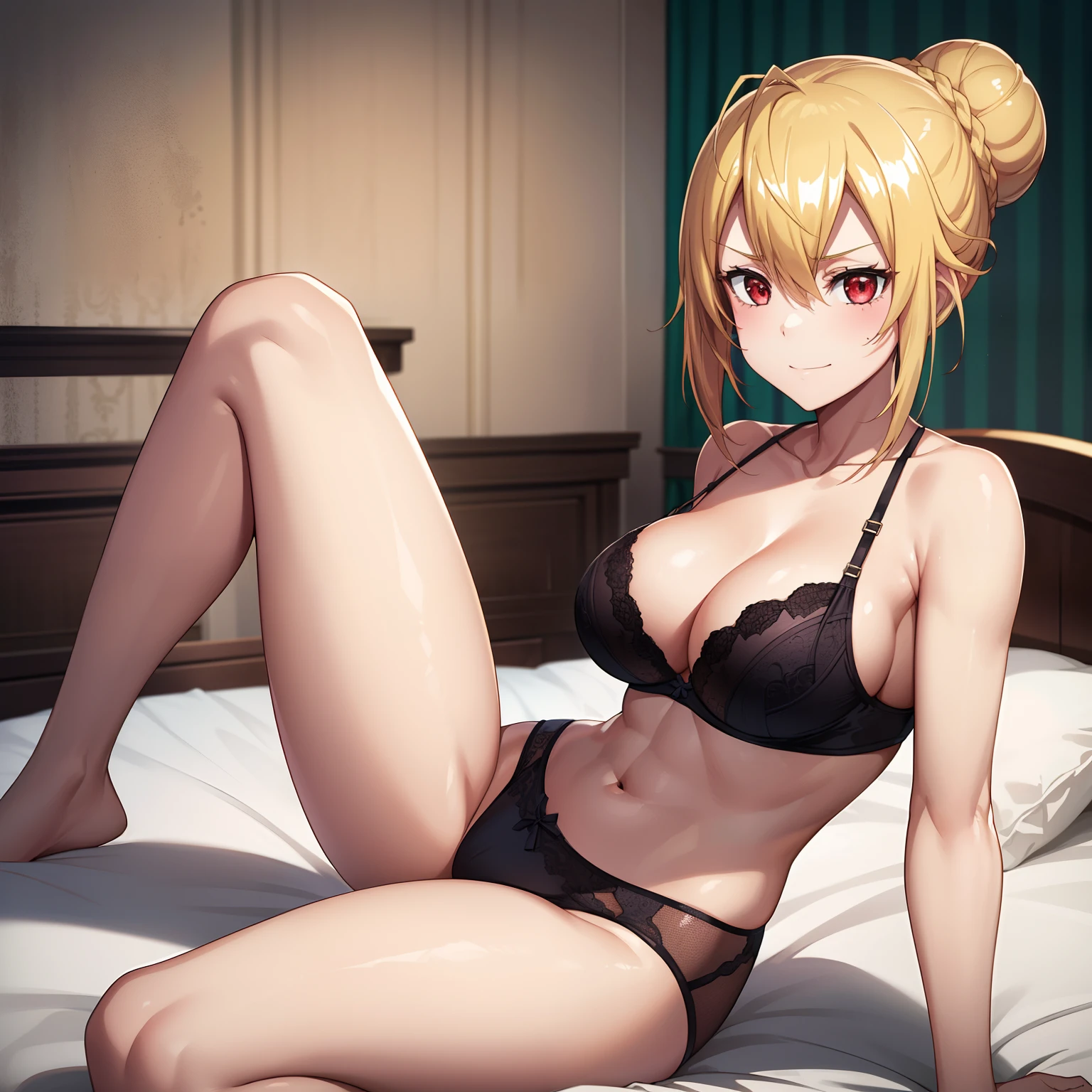 1girl,big breasts,hotel room,bed,(8k),
,detailed face,blond hair,red eyes,medium hair,bun,embarassed,shy,small smile,high_res, high_definition,battlefield,sexy pose,black sexy lingerie,