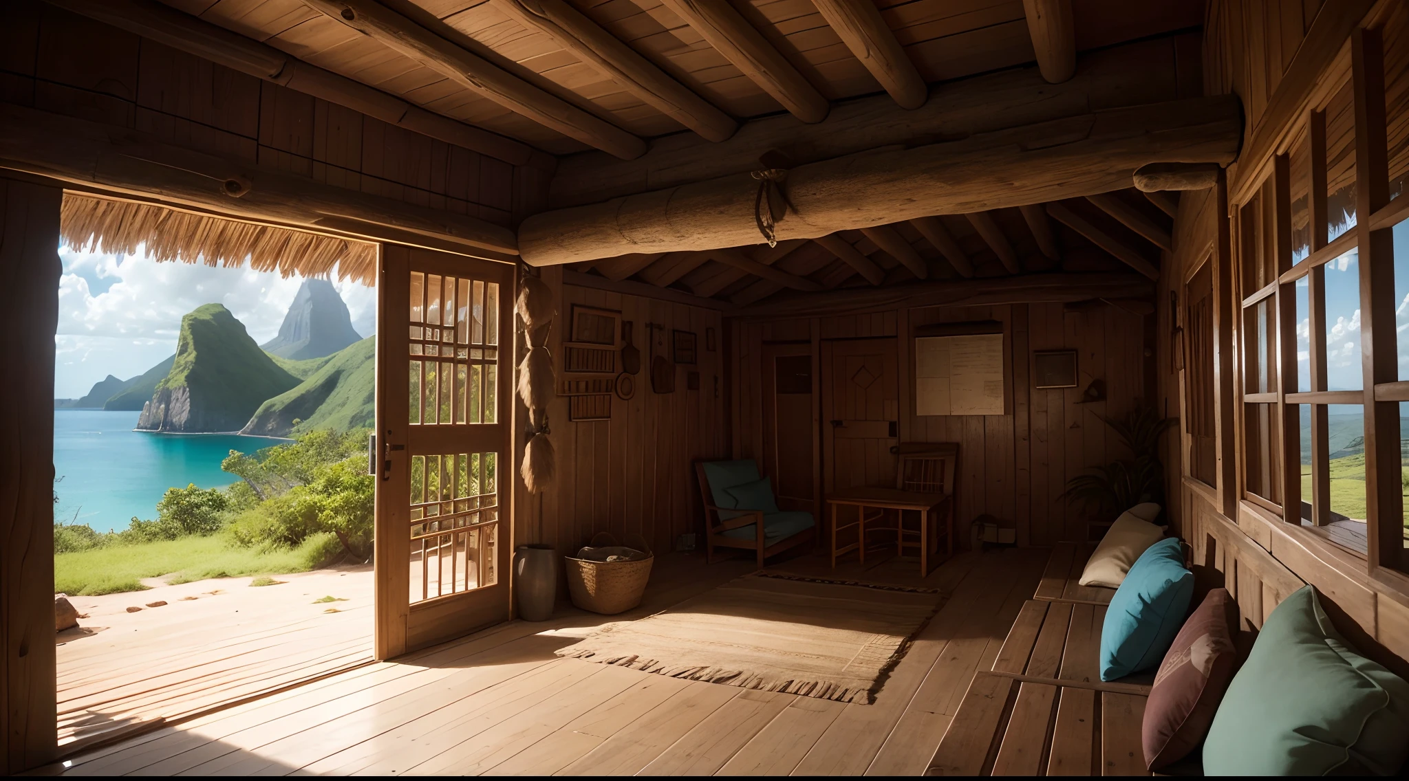 interior view of native amerindian Chieftain's hut, America, New world, daytime, either Arawak or Taino or Caribbean or Central American style, caribbean trunk, stones, background is grassland and mountain of ANTILLES ISLANDS, 15th century, ancient, barbarian, primitive culture, grass roof, grass wall, no man no girl ,no woman, no boy, no people, no human ,wallpaper