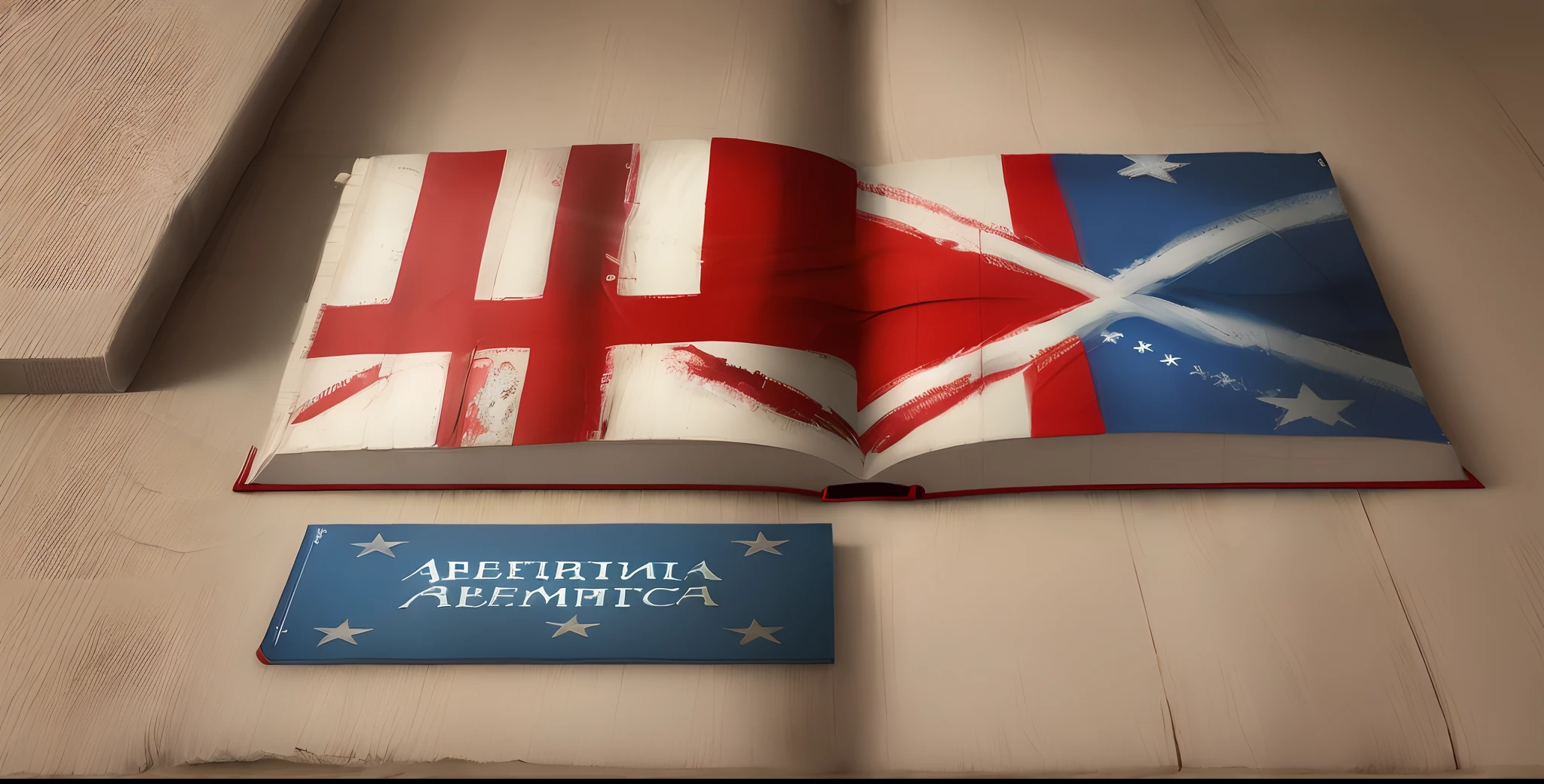 Fundo branco com um Livro aberto com capa vermelha , realista, bandeira americana, Realistic flag of England with text in the footer written NAME ELDEMAR ESTRELA in the footer