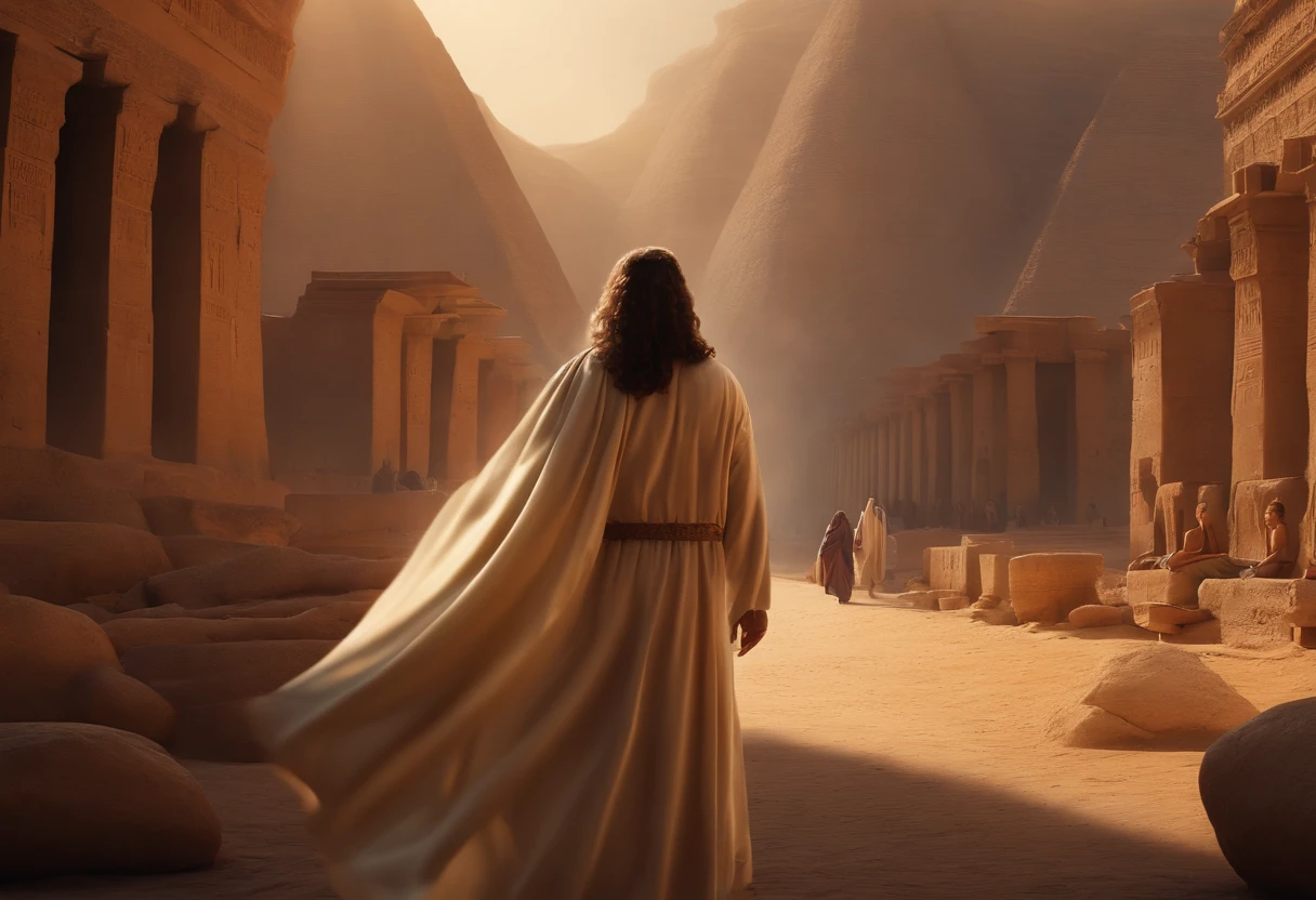 Desenhar Jesus Cristo, imagem realista um menino, de pele morena cabelos longos e castanho, between three and seven years. Walking through the city of Egypt in front of the cameras, entre pessoas .4k, altamente detalhado. Olhando para frente.
