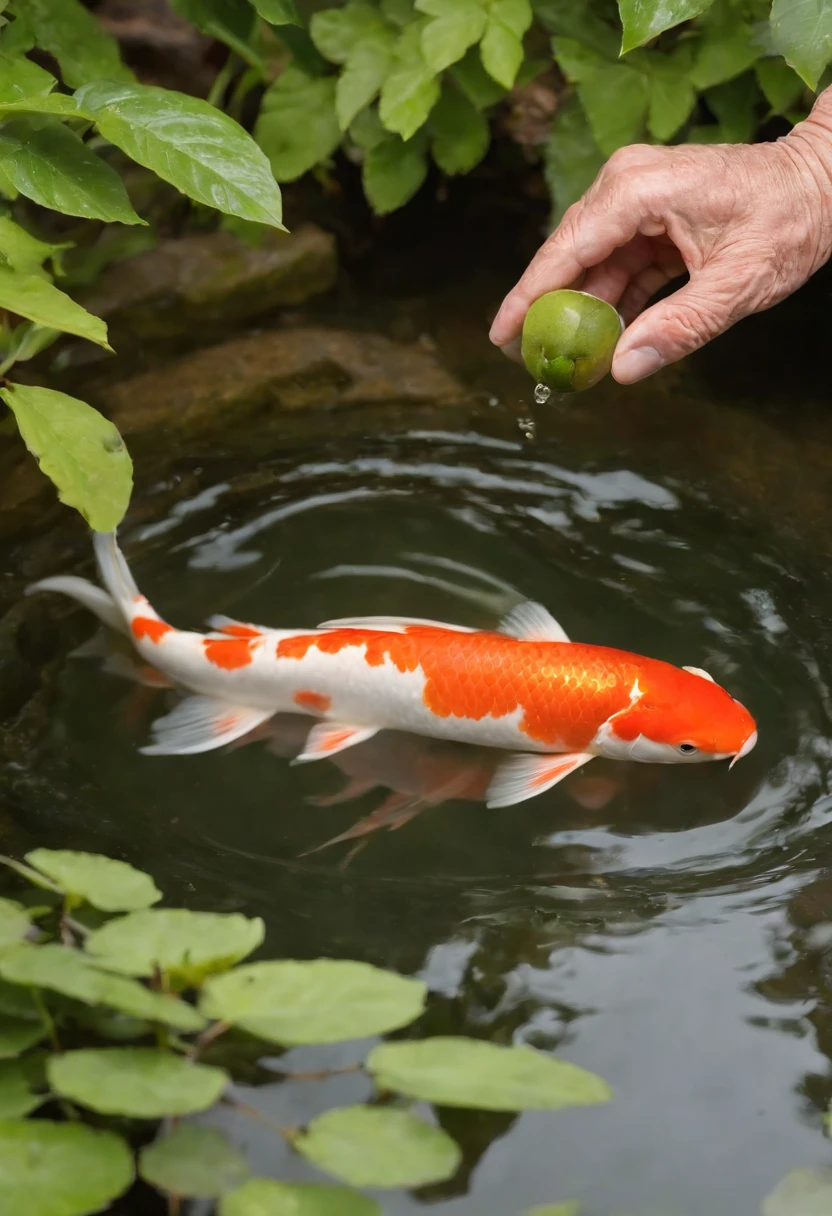Nature photography for the elderly, Gently place the koi into the clear stream with both hands, Surrounded by lush greenery and stepping stones, Illustrate the cycle of life and return, bird's eyes view,Unobstructed views, Soft lighting accentuates contrasting colors, photography of:Yoko Ikeda, A philosophy of reverence for life rooted in Shintoism, Awaken emotions of respect and appreciation, Intricate details of glittering scales, Widely acclaimed in environmental documentaries