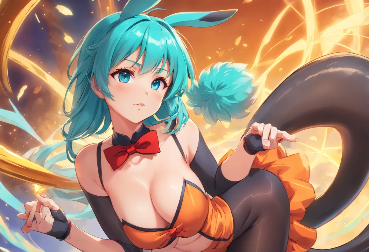 DRAGON BALL, BLMLONG, AQUA HAIR, BLUNT BANGS, LONG HAIR, PLAYBOY BUNNY, RABBIT EARS, BLACK PANTYHOSE, RED BOWTIE, WRIST CUFFS, BLACK LEOTARD, LARGE BREASTS