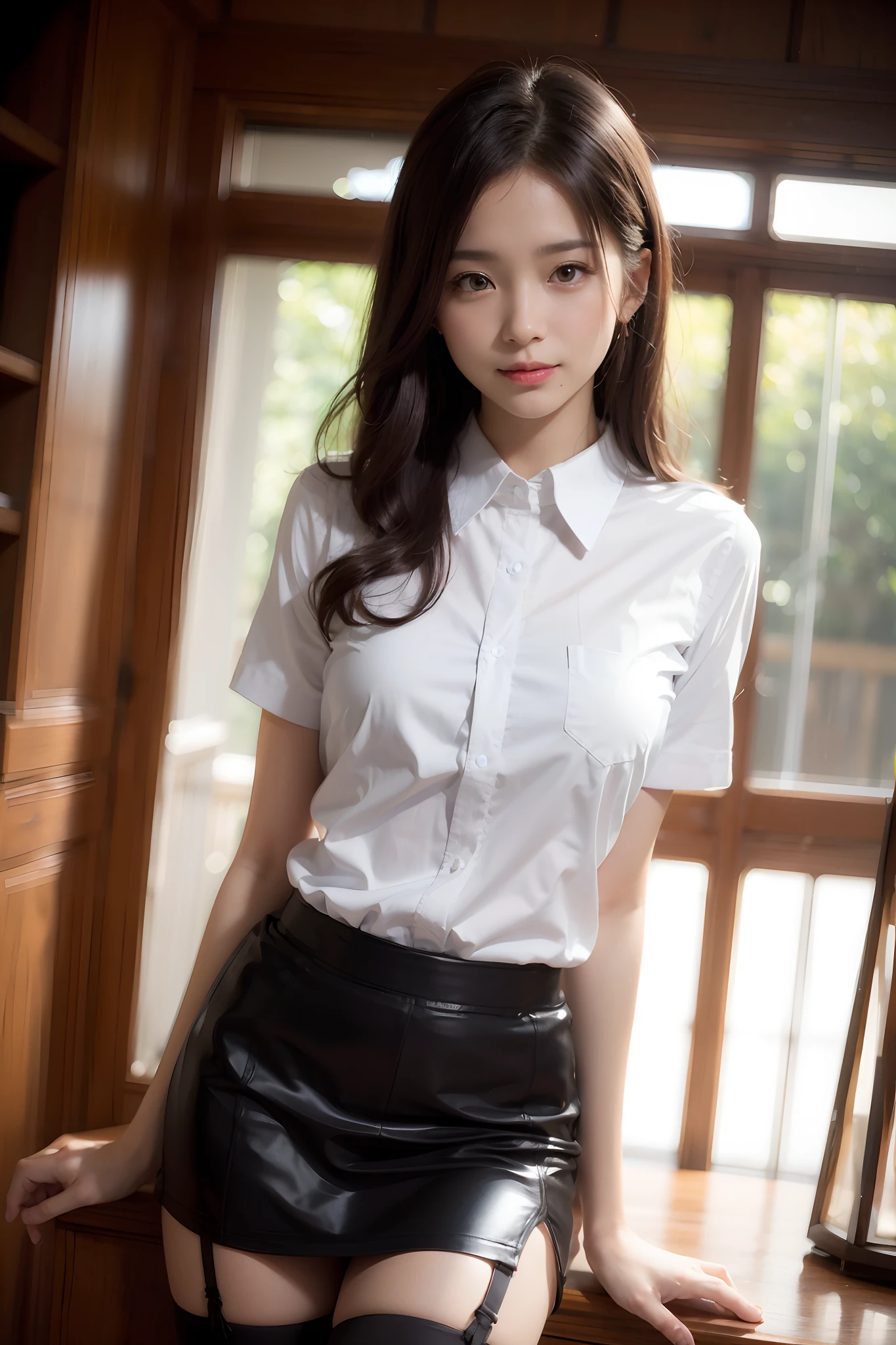 best quality, full body portrait, delicate face, pretty face, big eyes: 1.1, cosmetic: 1.2, 25 year old female, Slim, small bust, OL uniform, Female white-collar uniform, office, Black, External, Everlasting, long hair, exposed, exposed, exposed