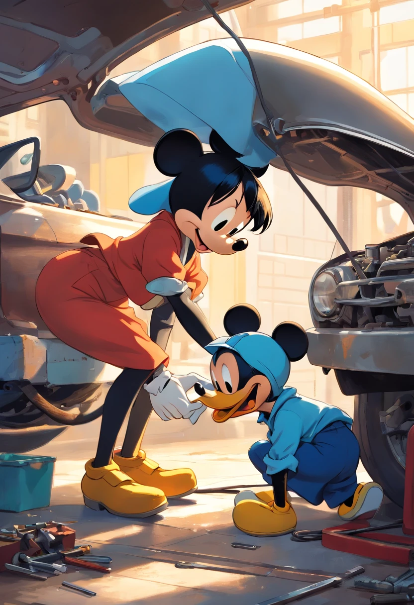 "A masterpiece illustration of Mickey Mouse and Donald Duck as a skilled mechanic repairing a car, Featuring perfect body proportions and an impeccably detailed head, in high definition."