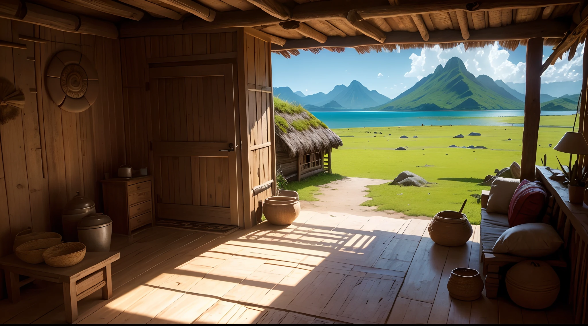 interior view of native amerindian Chieftain's hut, vulgar, poor, Neolithic, primitive architecture and primitive culture, America, New world, daytime, either Arawak or Taino or Caribbean or Central American style, caribbean trunk, stones, background is grassland and mountain of ANTILLES ISLANDS, 15th century, barbarian, , grass roof, grass wall, no man no girl ,no woman, no boy, no people, no human ,wallpaper
