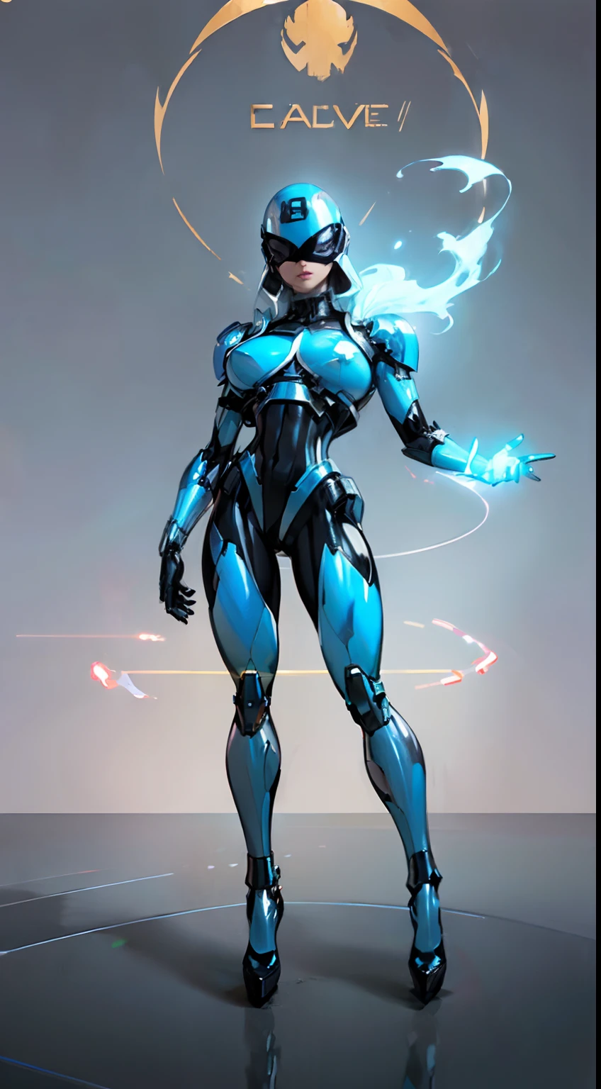 ((Radiant Aura:1.7)), 8k ((full body view))((view from below:1.6)) (large eyes:1.3), defined cheekbones, looking back, ((the pit style:1.4))((sleek chrome bodysuit:1.6)) ((small helmet over eyes:1.6)), (( red visor))((intricate metal details:1.4))detailed face:1.5), lightblue skin,(puffy lips:1.5) (lightblue skin:1.6), (bald woman:1.7), (skinhead) ((sexy pose)),(Muscular:1.3), ((gigantic breasts:1.5)), )highly detailed, majestic, digital photography, art by artgerm and ruan jia and greg rutkowski, ((metal shoulder pads:1.2)), (masterpiece), sidelighting, intricate details, black and blue color palette