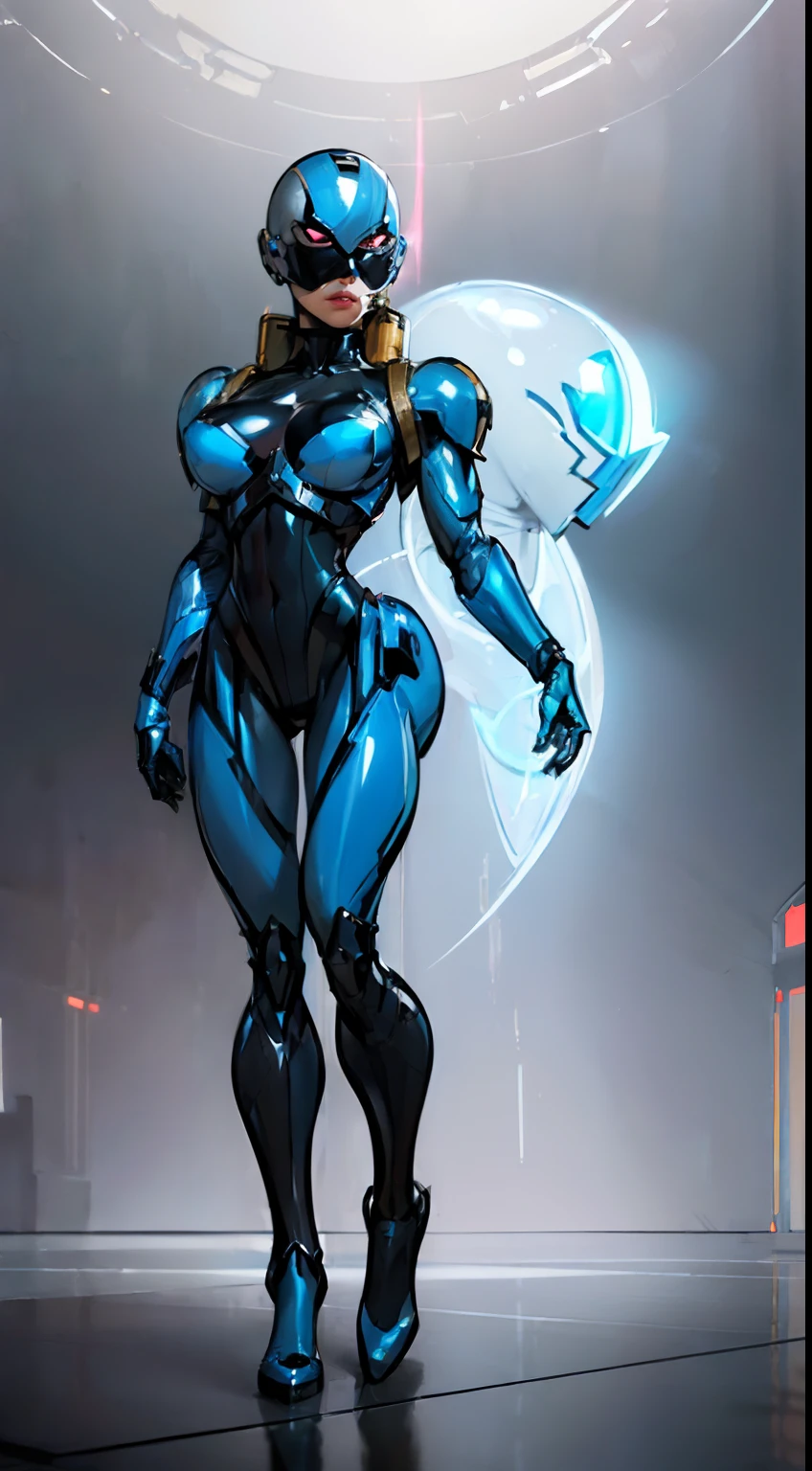((Radiant Aura:1.7)), 8k ((full body view))((view from below:1.6)) (large eyes:1.3), defined cheekbones, looking back, ((the pit style:1.4))((sleek chrome bodysuit:1.6)) ((small helmet over eyes:1.6)), (( red visor))((intricate metal details:1.4))detailed face:1.5), lightblue skin,(puffy lips:1.5) (lightblue skin:1.6), (bald woman:1.7), (skinhead) ((sexy pose)),(Muscular:1.3), ((gigantic breasts:1.5)), )highly detailed, majestic, digital photography, art by artgerm and ruan jia and greg rutkowski, ((metal shoulder pads:1.2)), (masterpiece), sidelighting, intricate details, black and blue color palette