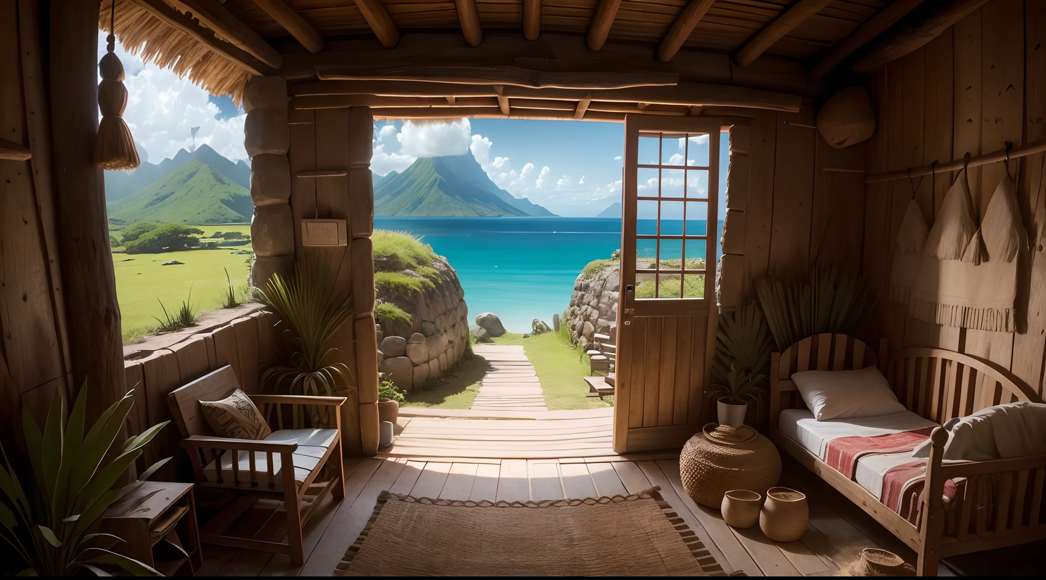 interior view of native amerindian Chieftain's hut, vulgar, poor, Neolithic, primitive architecture and primitive culture, America, New world, daytime, either Arawak or Taino or Caribbean or Central American style, caribbean trunk, stones, background is grassland and mountain of ANTILLES ISLANDS, 15th century, barbarian, , grass roof, grass wall, no man no girl ,no woman, no boy, no people, no human ,wallpaper