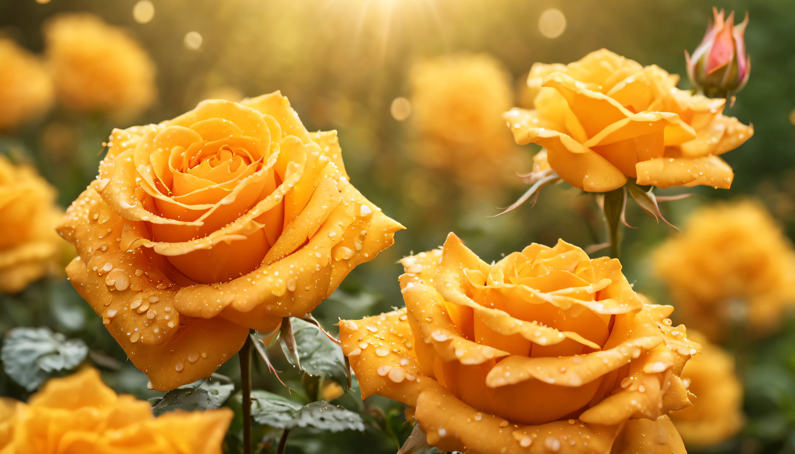 Many yellow orange color rose flowers in the garden and sunlight with bokeh, dew drops on flower petals (masterpiece, ultra quality, high resolution, 8k, intricate: 1.2), (masterpiece), (best quality:1)