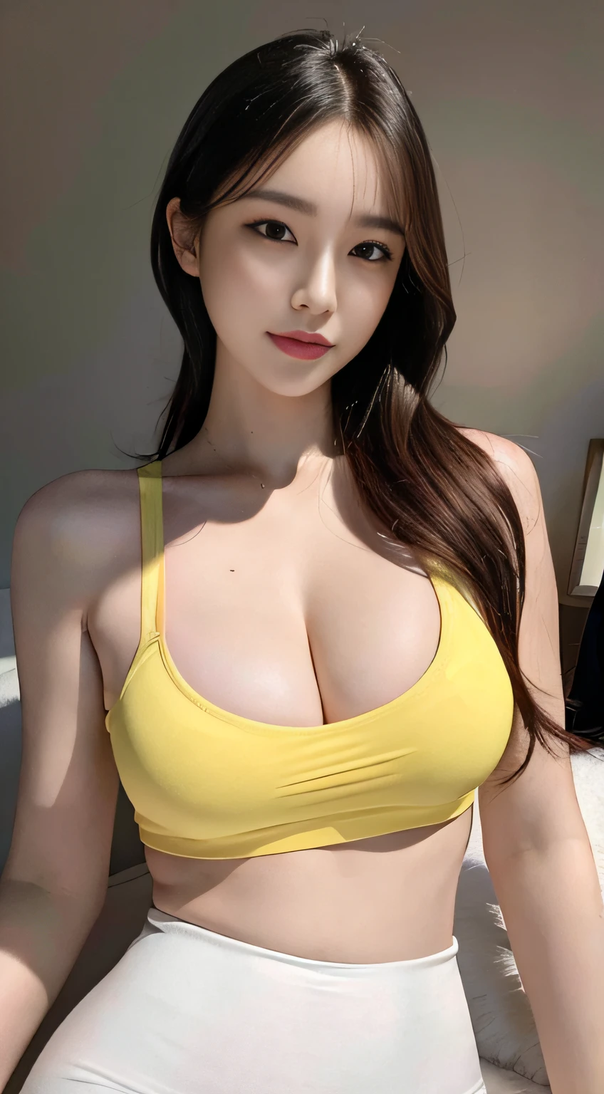 Ultra detail, high resolution, (realistic, realistic:1.4), 8k, (best quality), physical-based rendering, photorealistic photos, professional color grading, highest quality, yellow bra and tight white leggings, full body, cropped t-shirt, slim body, 24 year old female model,
