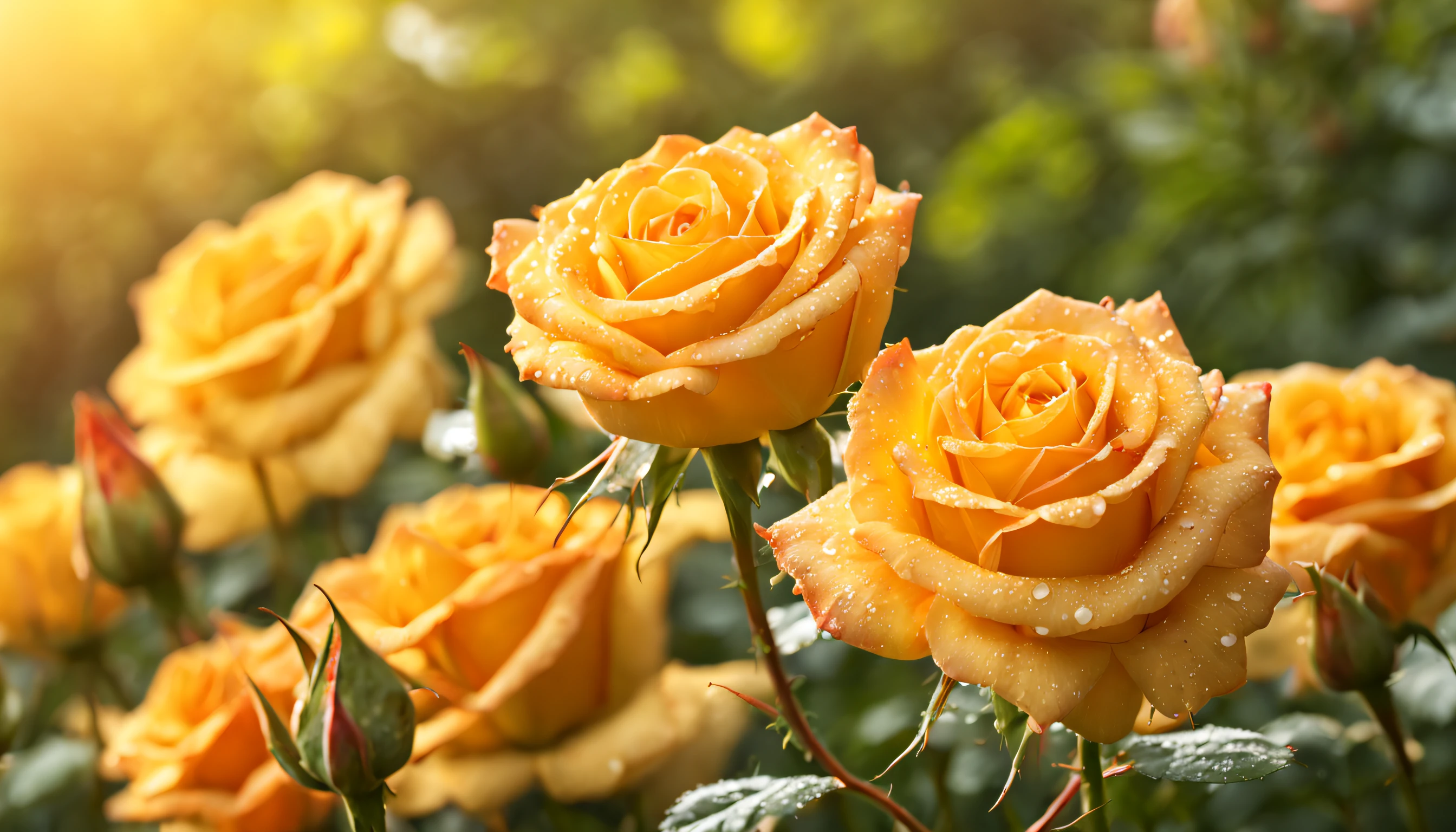 Many yellow orange color rose flowers in the garden and sunlight with bokeh, dew drops on flower petals (masterpiece, ultra quality, high resolution, 8k, intricate: 1.2), (masterpiece), (best quality:1)