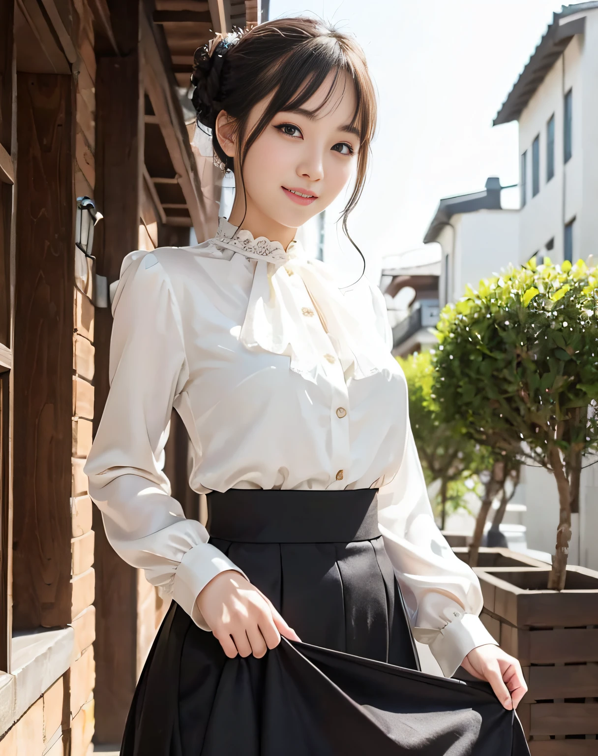 /*Quality sentences*/
of the highest quality, 16 K, masterpiece, hyperdetailed face, very detailed lips, Detailed eyes, Realistic pupils,
BREAK,
/*Characters and expressions*/
Extremely Beautiful Girl, Japanese girl, 1 girl, Light on Face, updo Hair, (Very sweet smile:1.1), 
BREAK
/*garments*/
((ivory silk blouse)) , black collar, crimson skirt, (long skirt), 
BREAK
/*pose*/
(Lift the hem of the skirt, Lift the hem of the skirt with both hands, Lift the hem of the skirt yourself), nice hands, perfect hands, 
BREAK
/*Angular posture*/
city street, beautiful scenery, looking at viewer