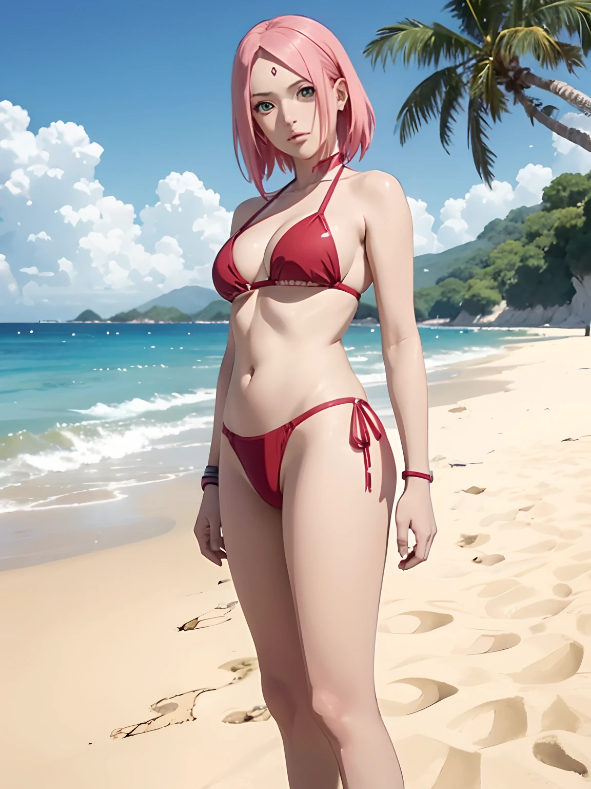 Sakura Haruno, playa, bikini rojo, cabello roza, Personaje de anime, Maximum resolution, Well-detailed lines, bold lines